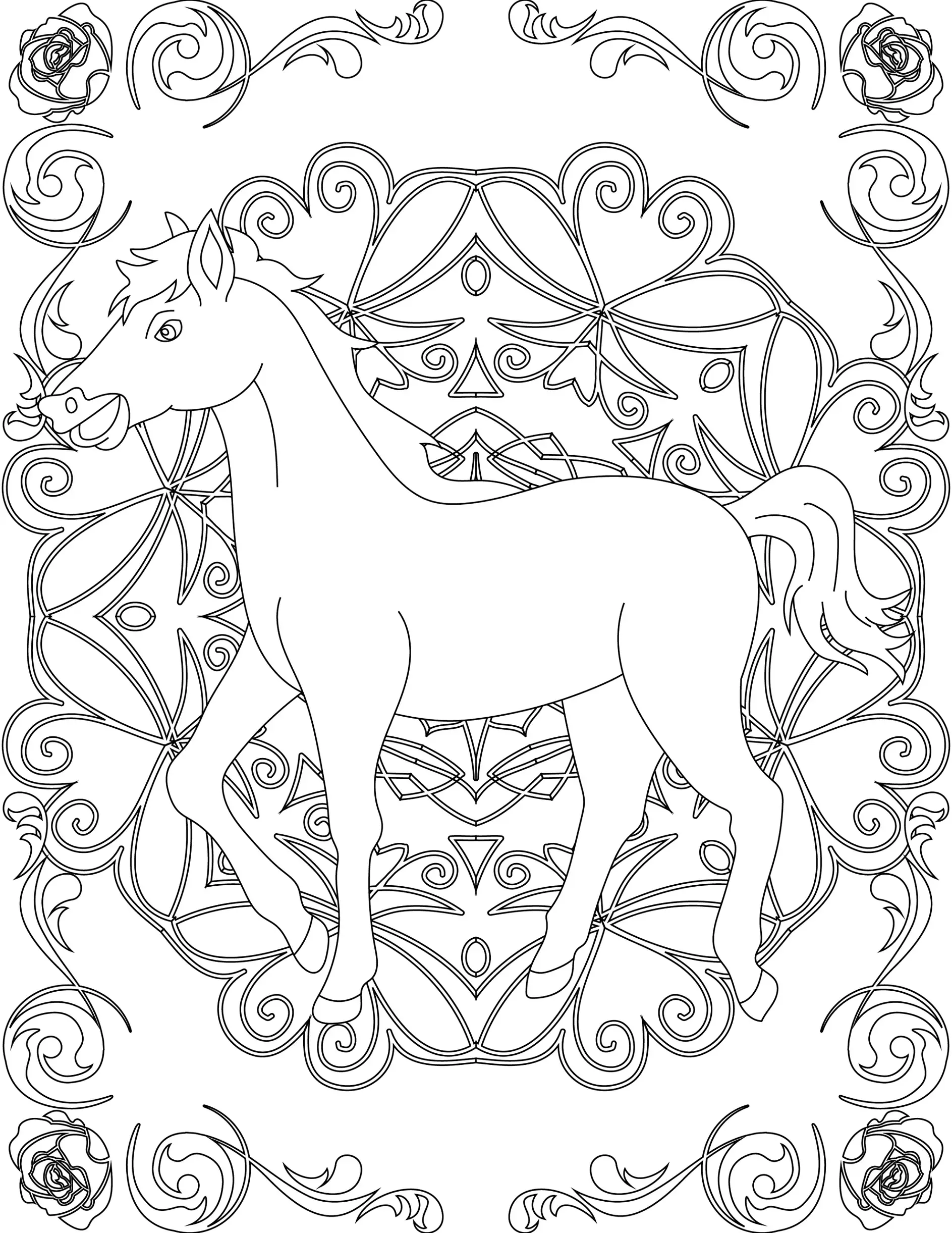 Ausmalbild Mandala mit Pferd und Blumenranken