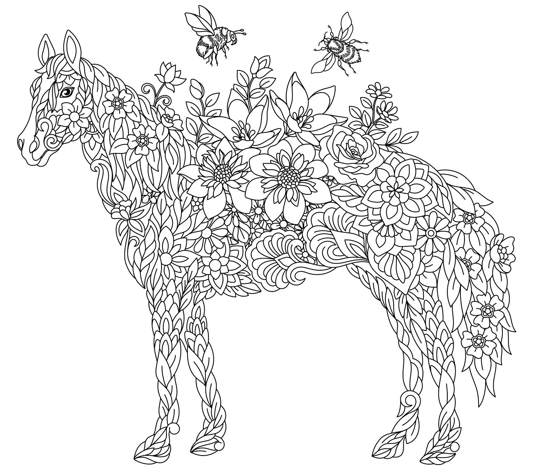 Ausmalbild Mandala mit Pferd und Blumenverzierungen