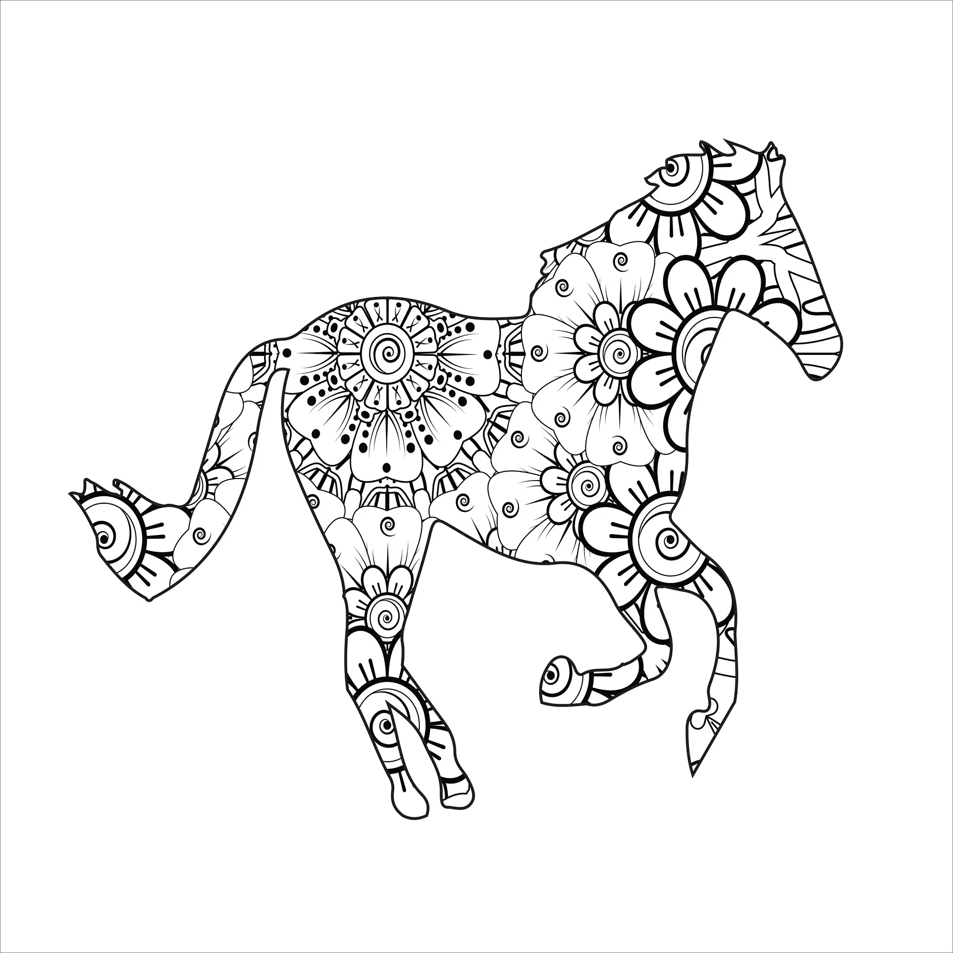 Ausmalbild Mandala mit Pferd und blumigen Mustern