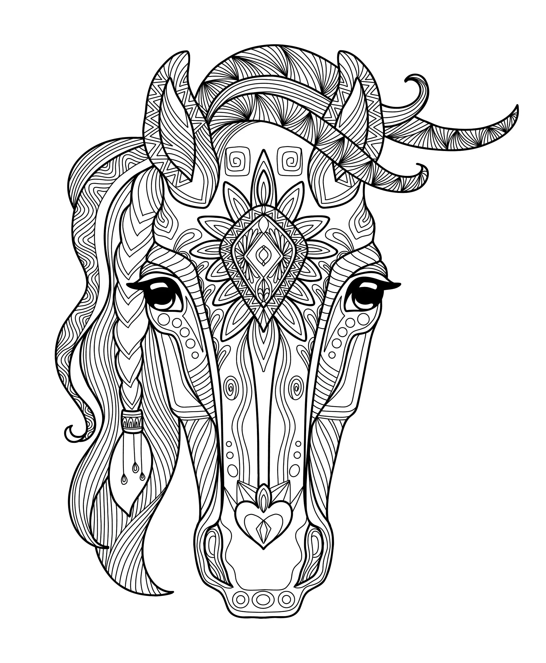 Ausmalbild Mandala mit Pferd und detaillierten Verzierungen
