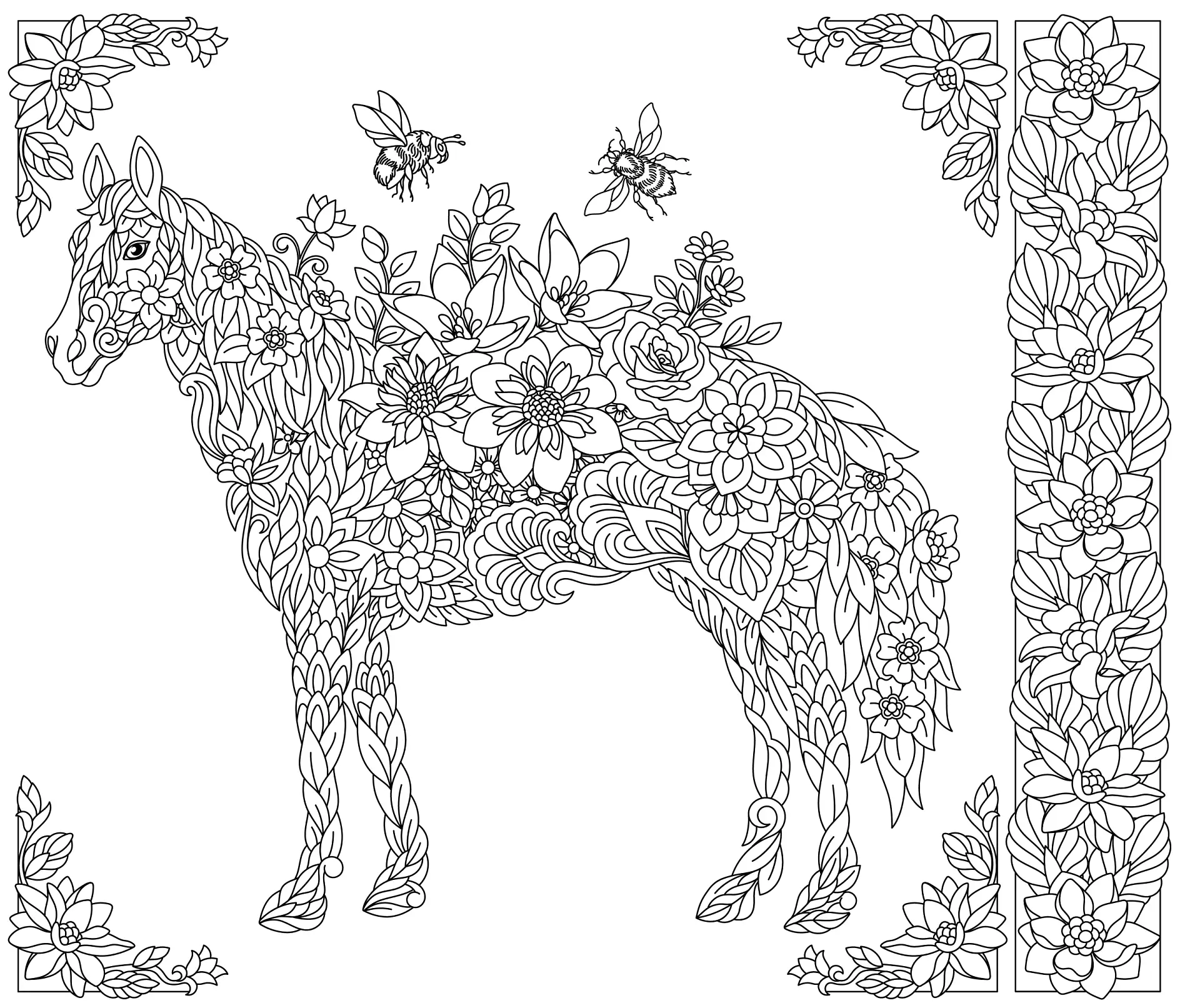 Ausmalbild Mandala mit Pferd und floralen Bordüren