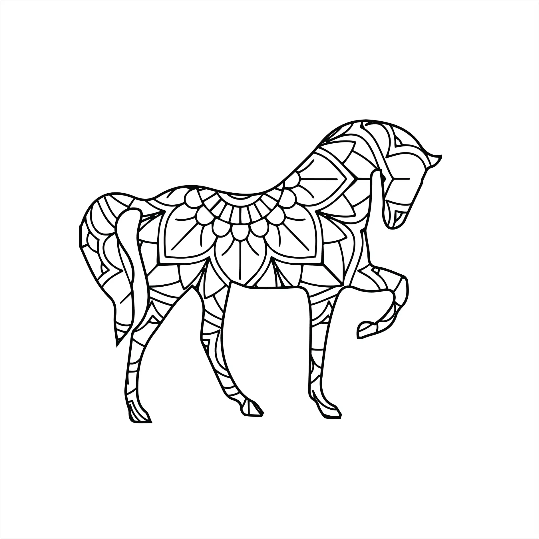 Ausmalbild Mandala mit Pferd und großen Blütenmustern