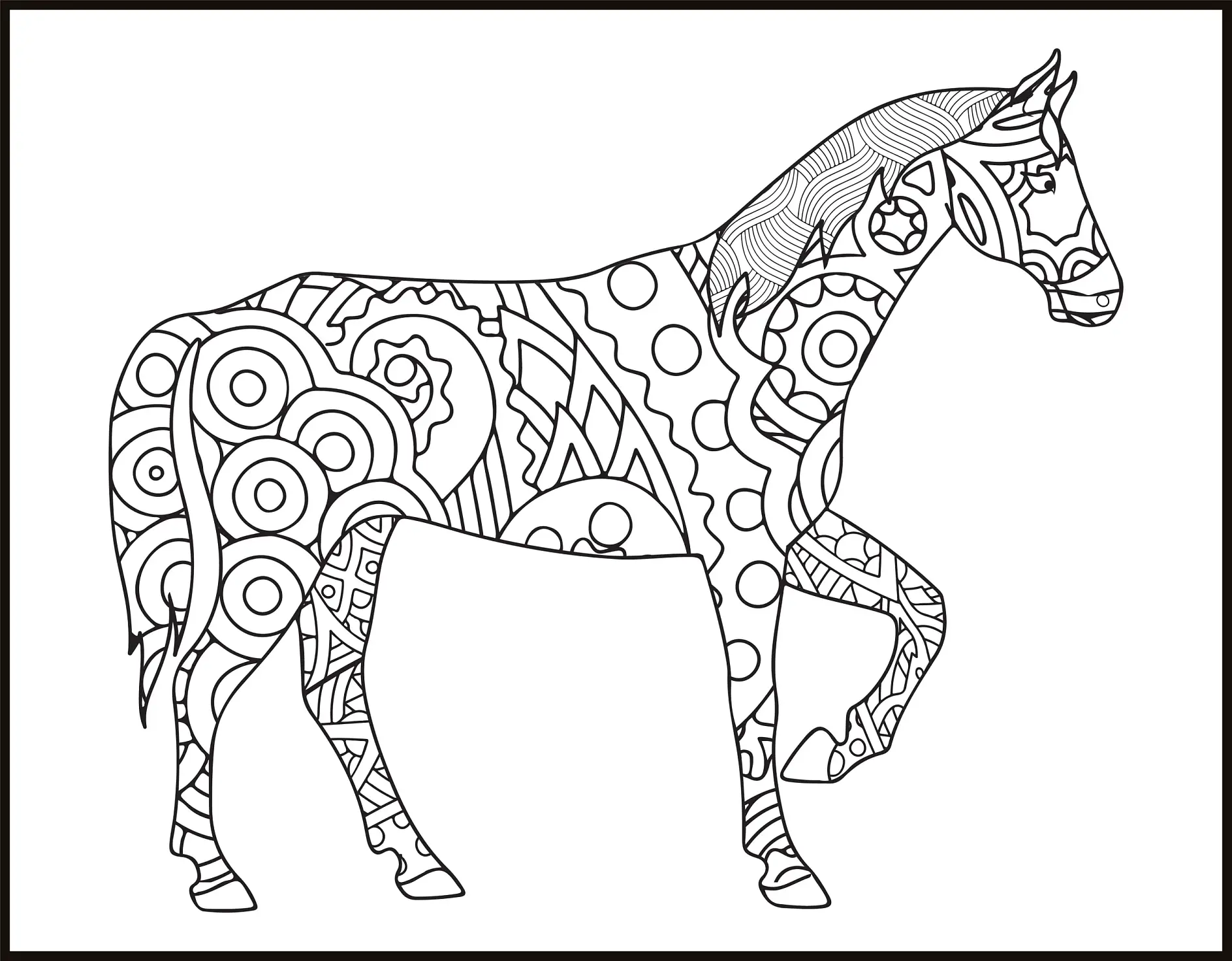Ausmalbild Mandala mit Pferd und Kreismustern