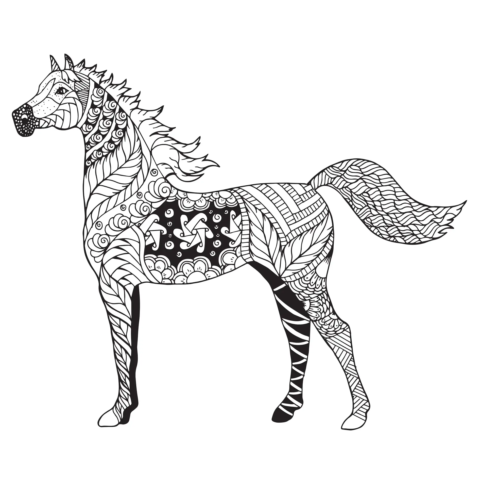 Ausmalbild Mandala mit Pferd und verschiedenen abstrakten Mustern