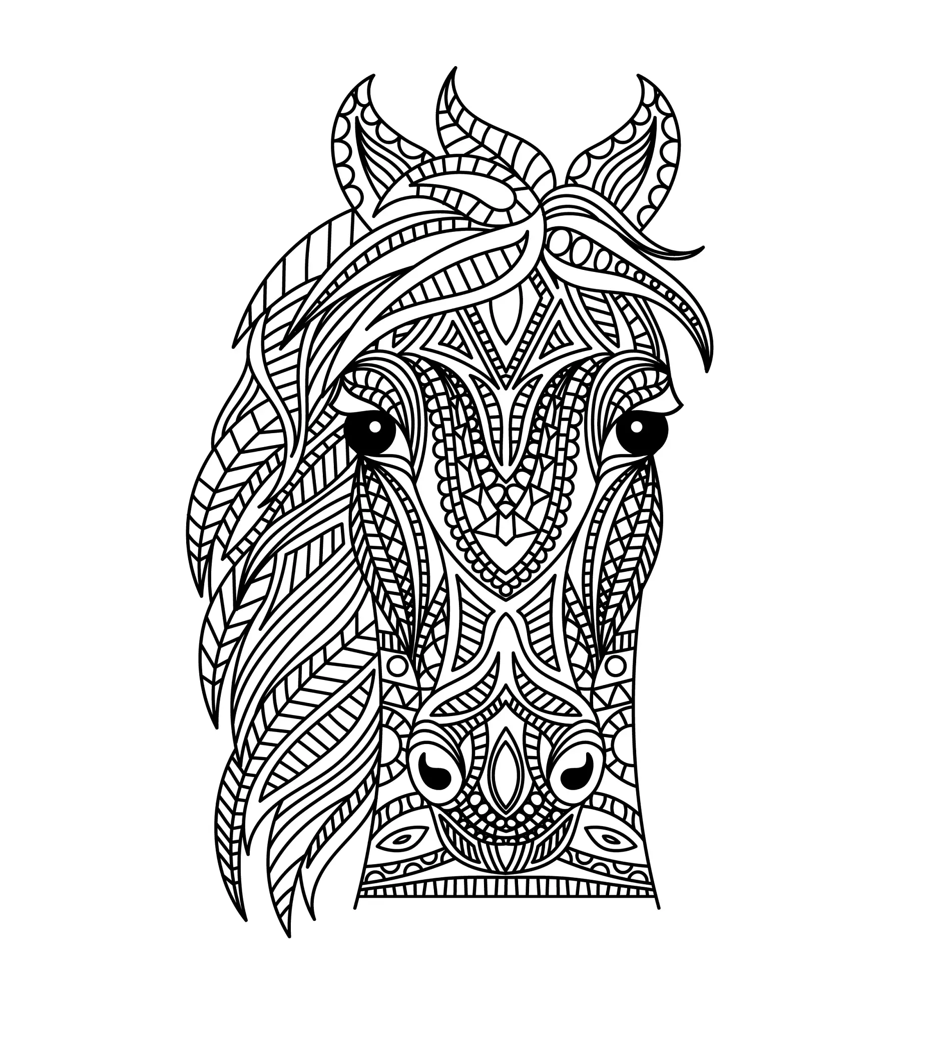 Ausmalbild Mandala mit Pferdekopf und geometrischen Mustern
