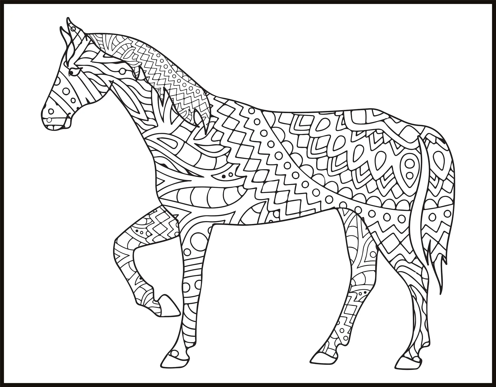 Ausmalbild Mandala mit schreitendem Pferd und geometrischen Mustern