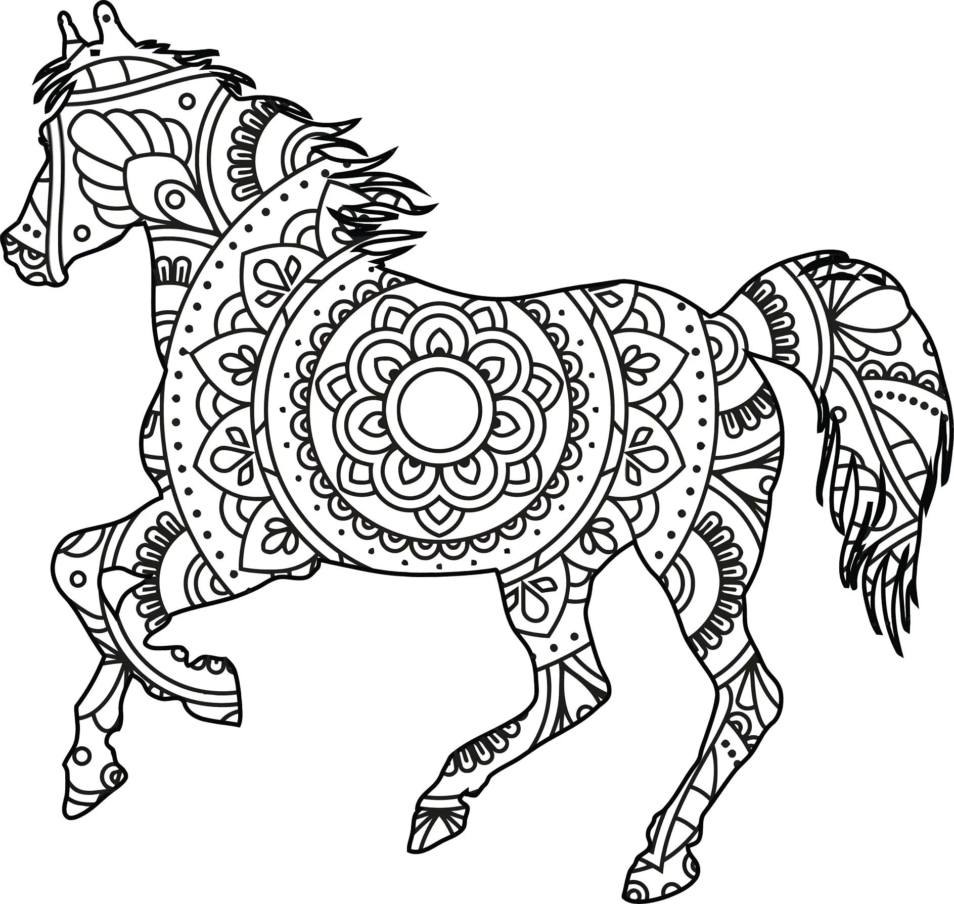 Ausmalbild Mandala mit springendem Pferd und abstrakten Mustern