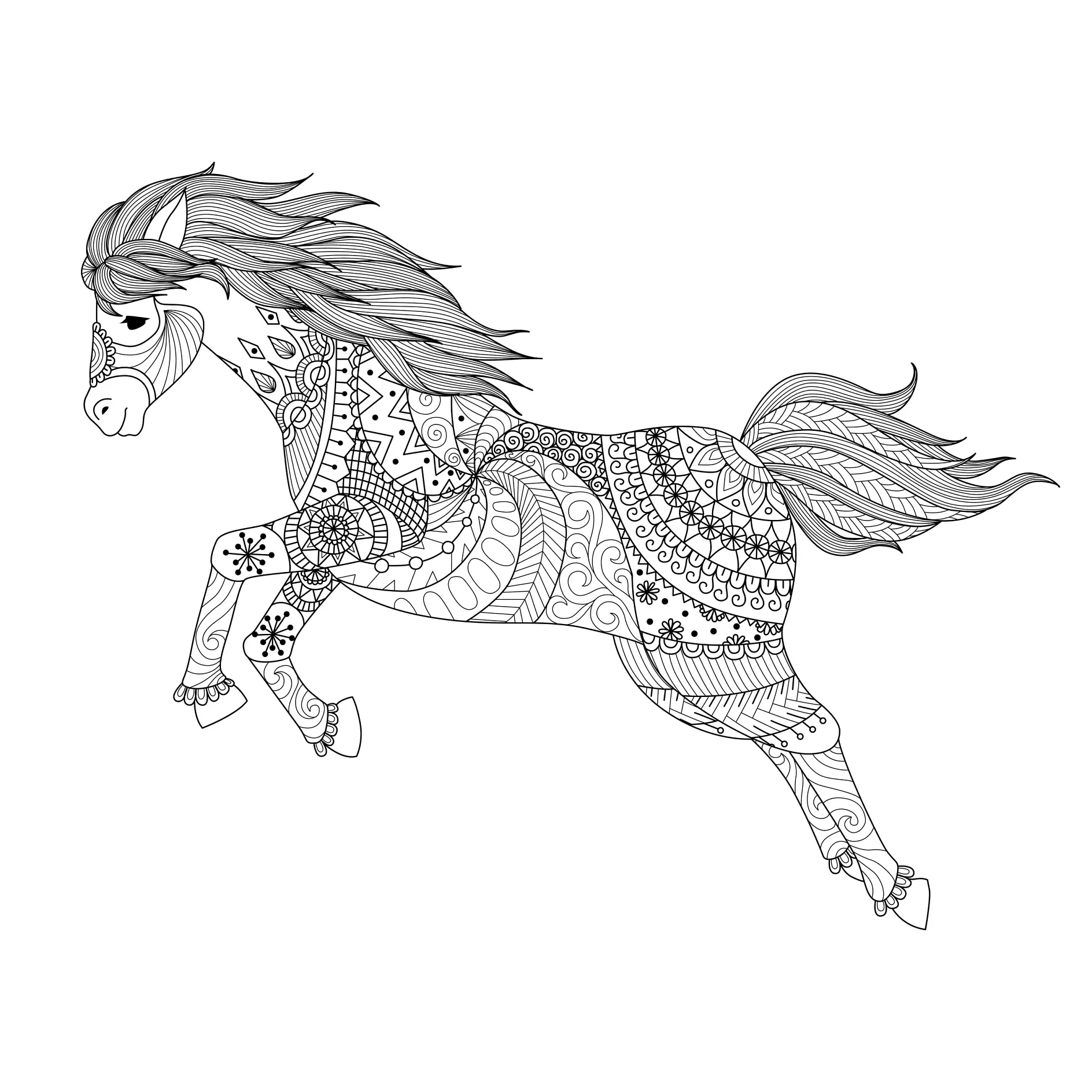 Ausmalbild Mandala mit springendem Pferd und detaillierten Mustern