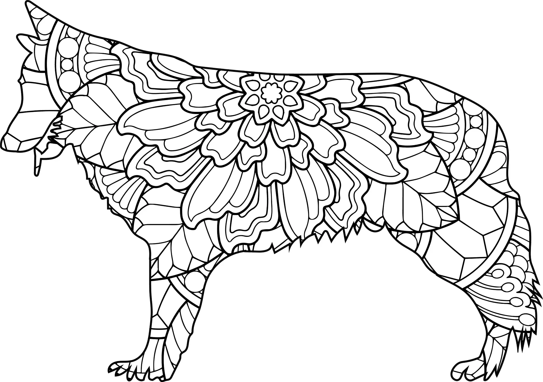 Ausmalbild Mandala mit stehendem Hund und floralen Mustern