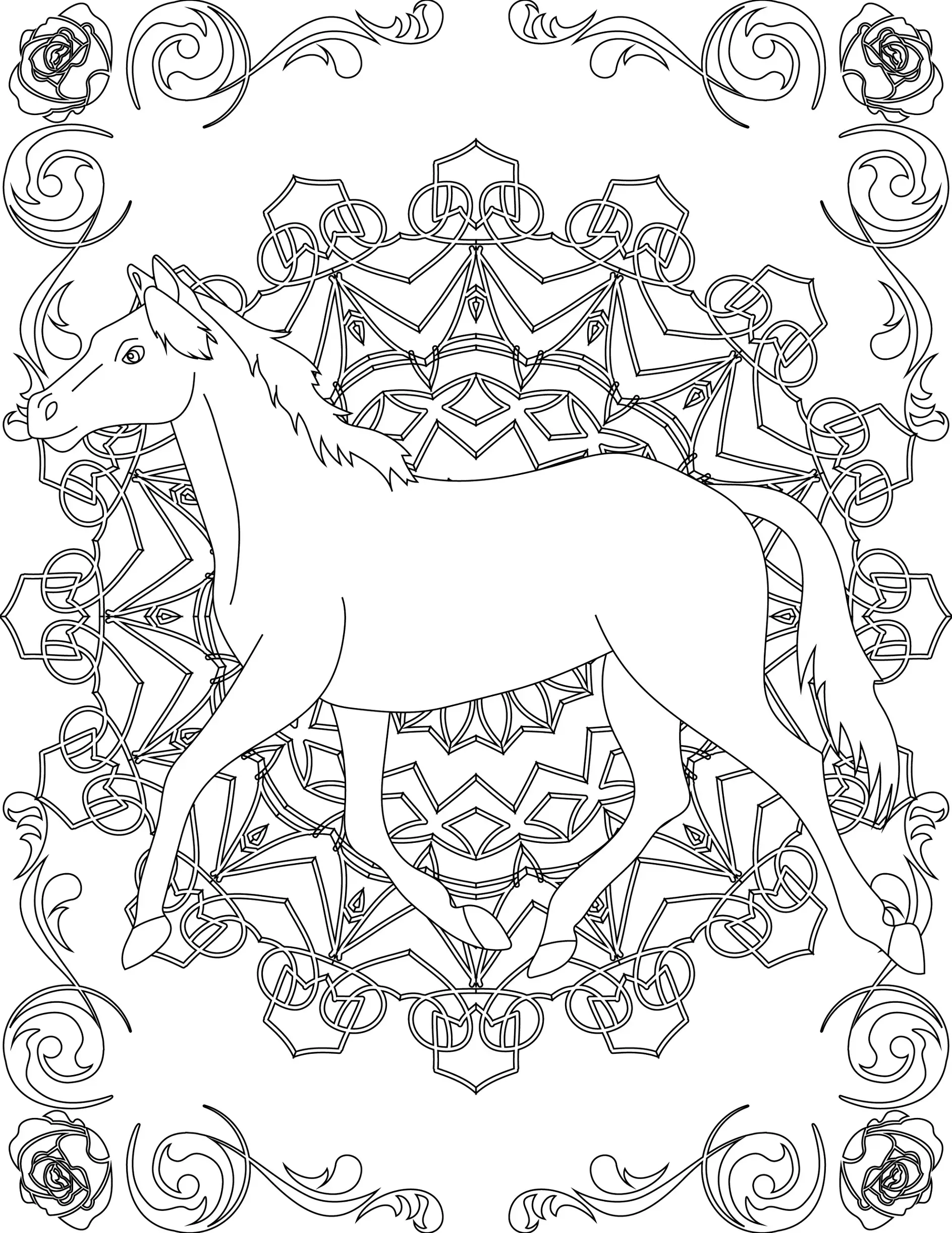 Ausmalbild Mandala mit trabendem Pferd und Rosenmustern