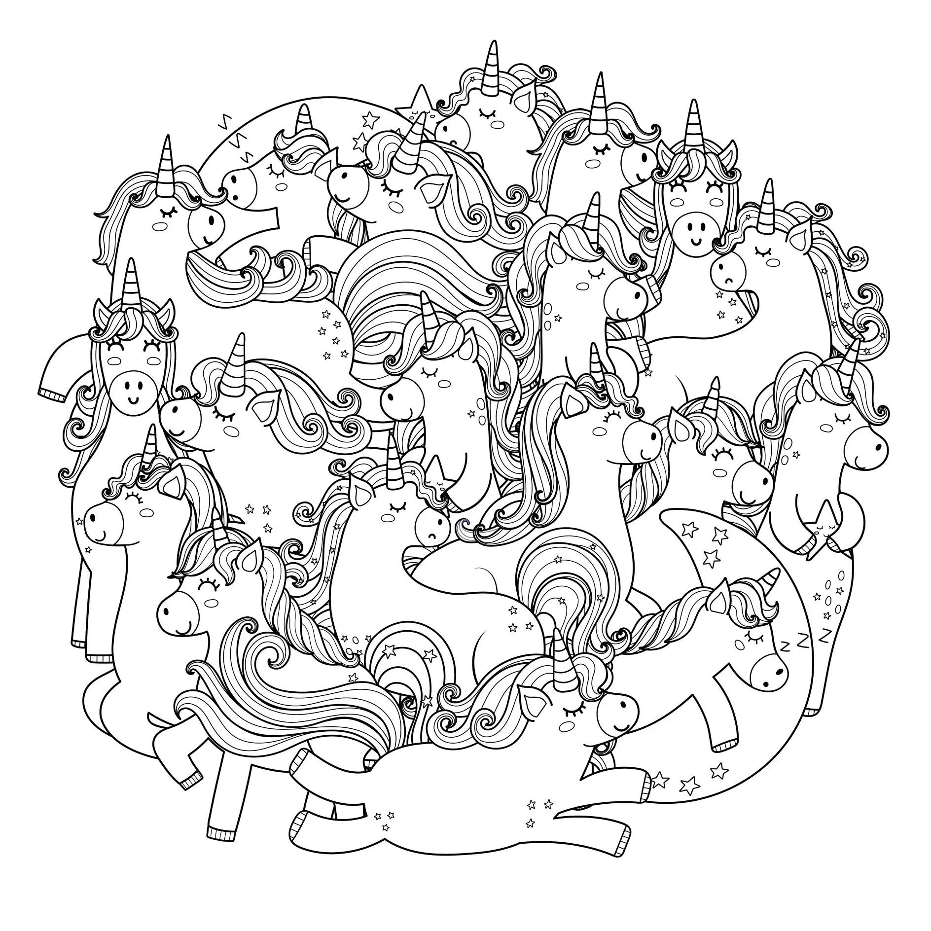 Ausmalbild Mandala mit vielen Einhörnern in verschiedenen Posen