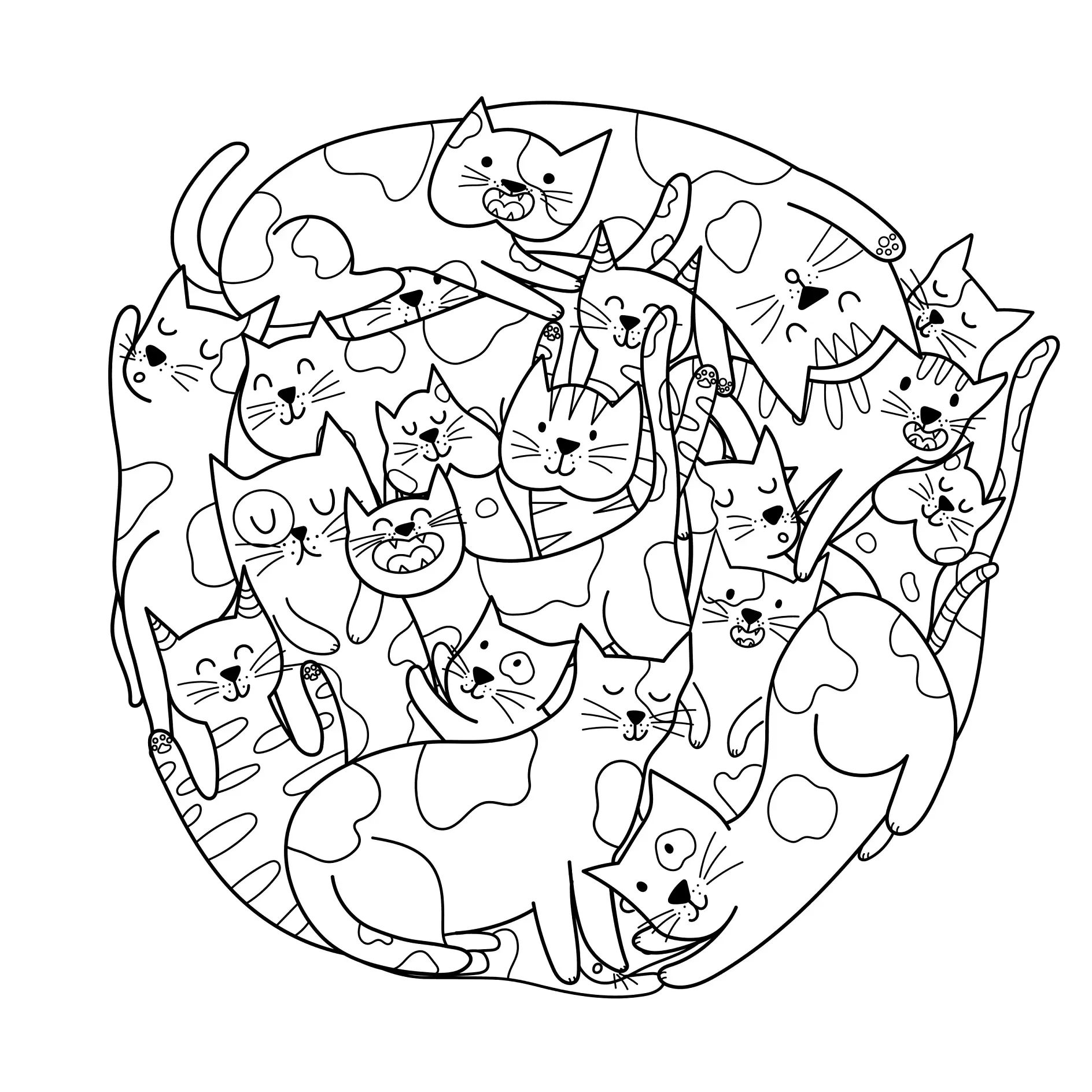 Ausmalbild Mandala mit vielen spielenden Katzen