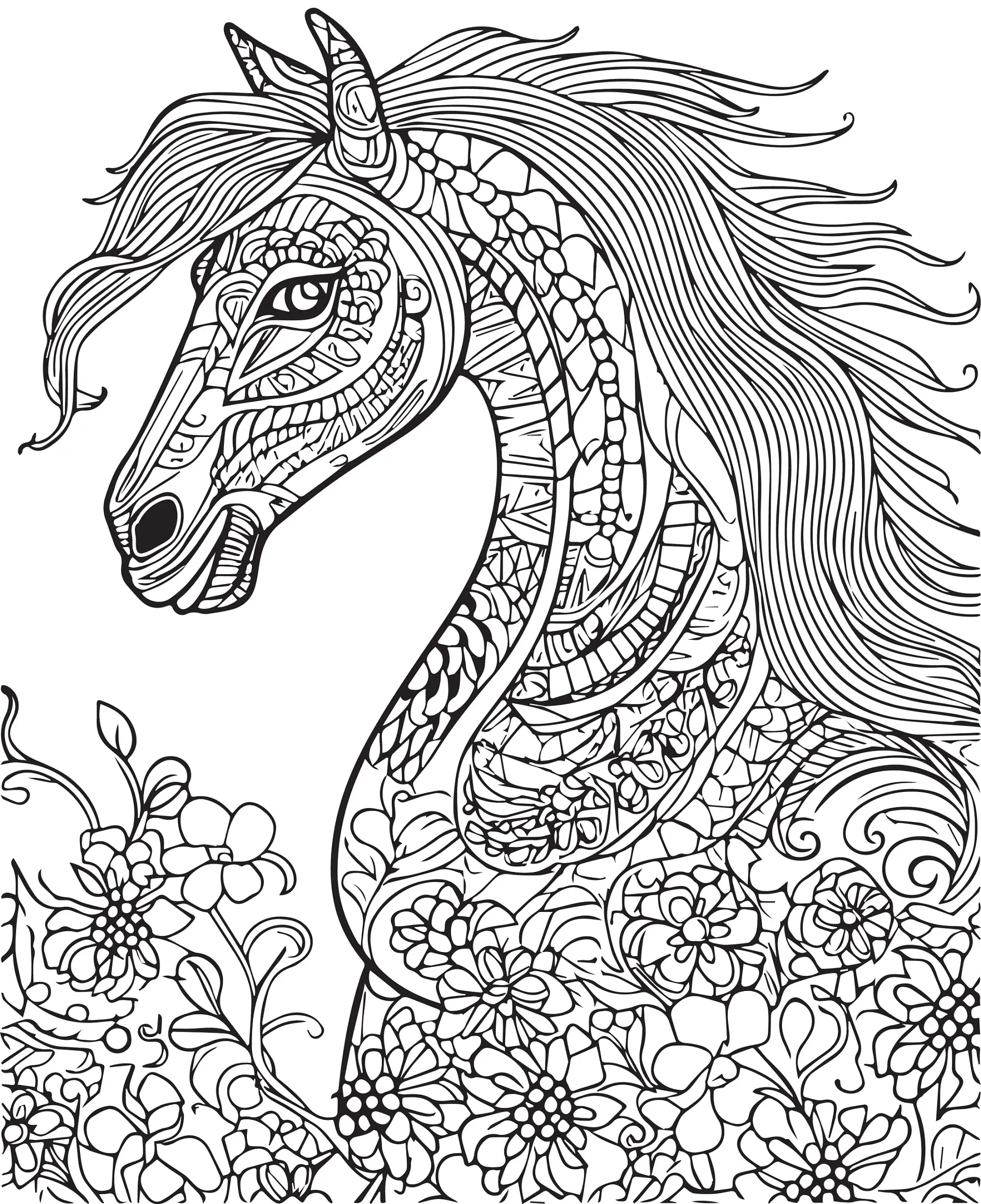 Ausmalbild Mandala Pferd und floralen Mustern