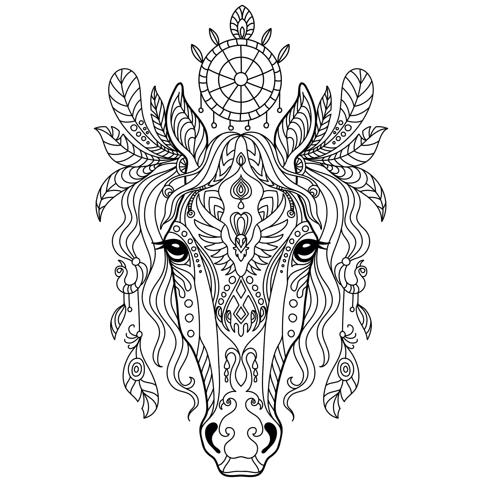 Ausmalbild Mandala Pferdekopf mit detaillierten Ornamenten