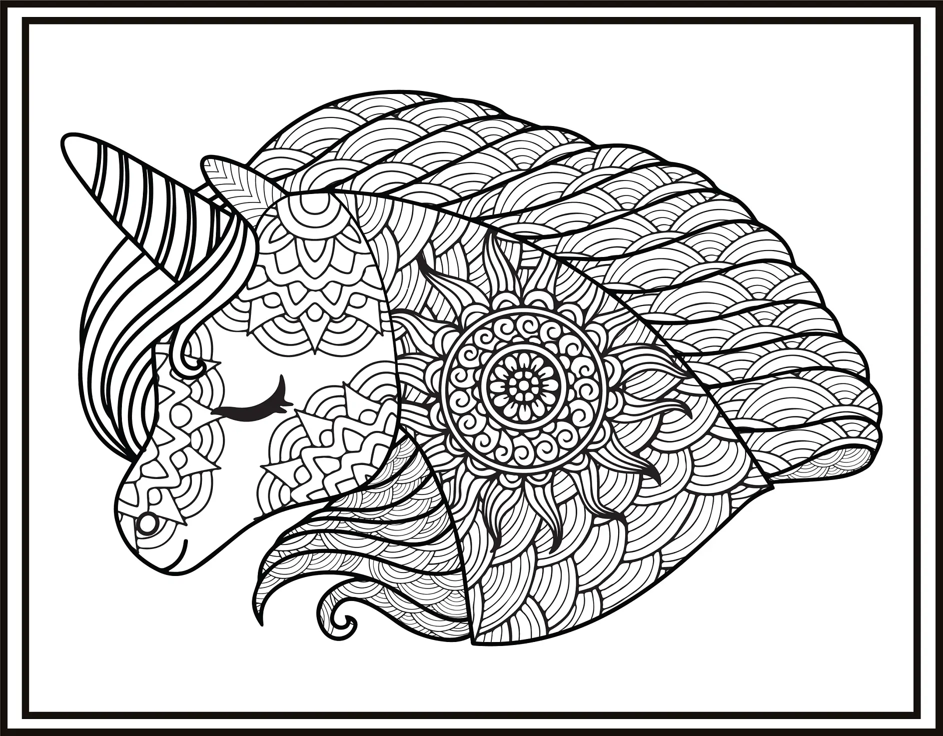 Ausmalbild Mandala schlafendes Einhorn mit filigranem Muster