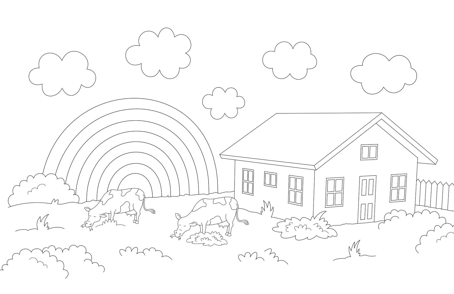 Ausmalbild Regenbogen mit Bauernhaus und Kühen und Wolken