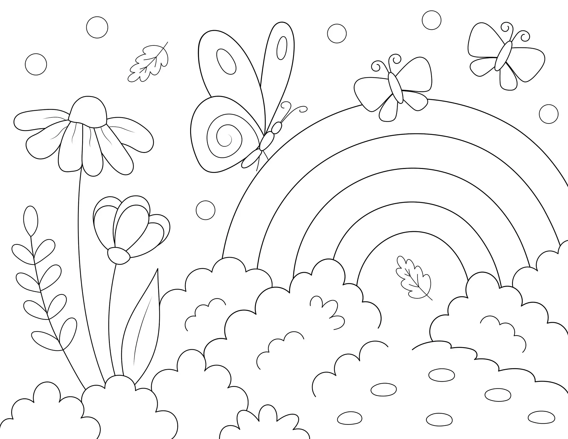 Ausmalbild Regenbogen mit Blumen und Schmetterlingen