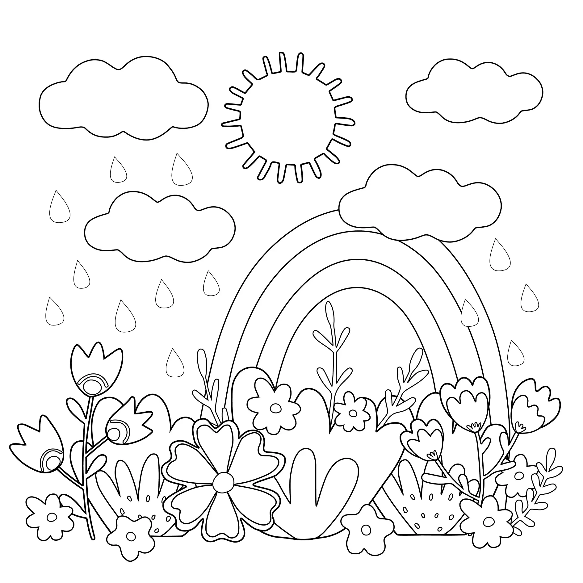 Ausmalbild Regenbogen mit Blumen und Sonne und Regen