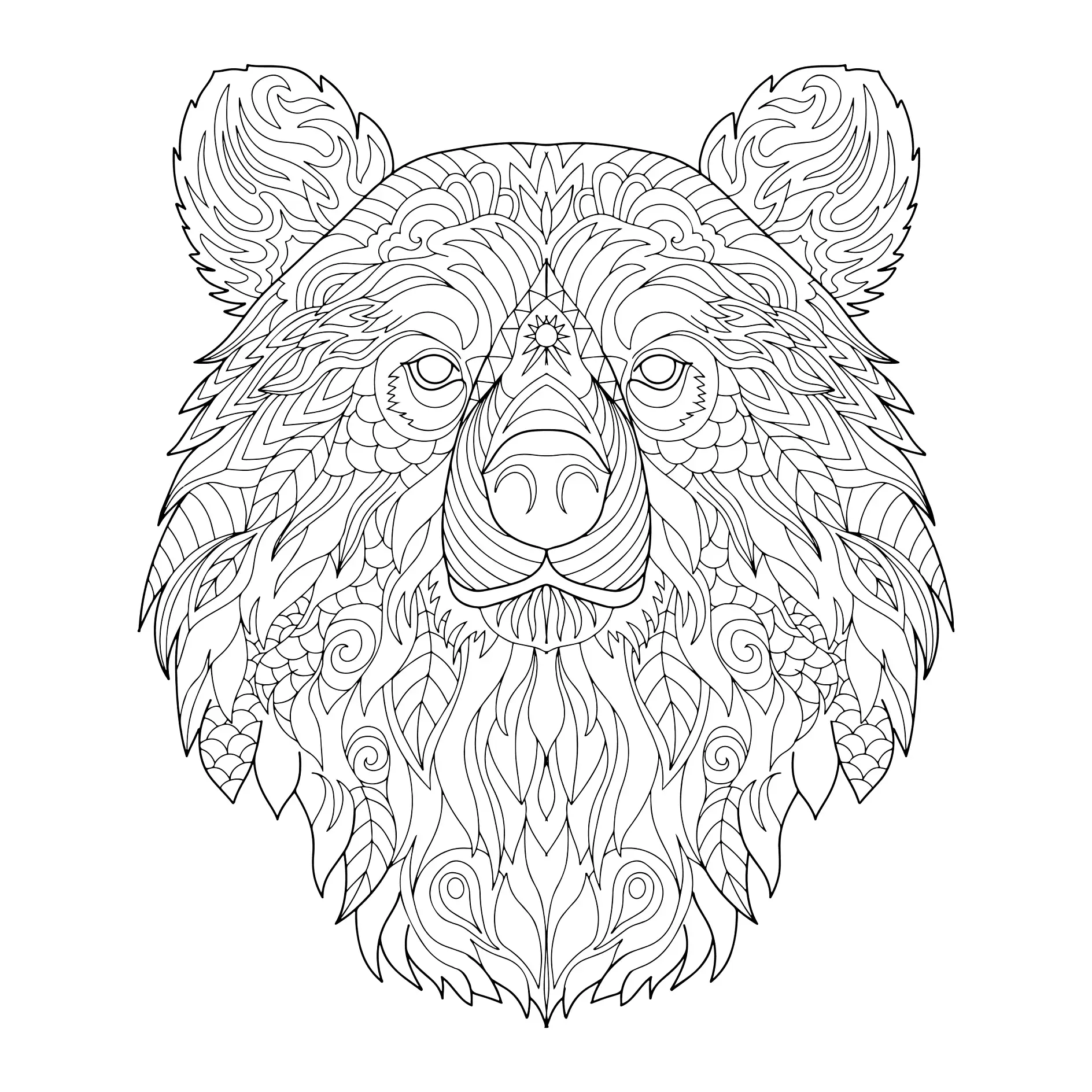 Ausmalbild Mandala Bärenkopf mit detaillierten Mustern