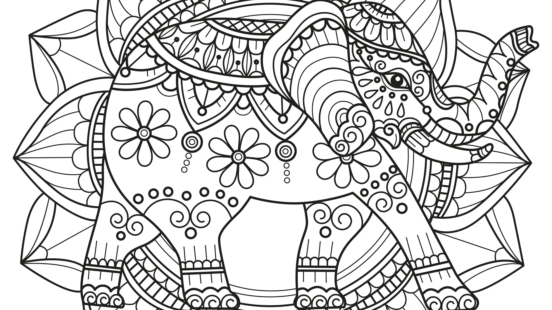 Ausmalbild Mandala mit Elefant und floralen Mustern