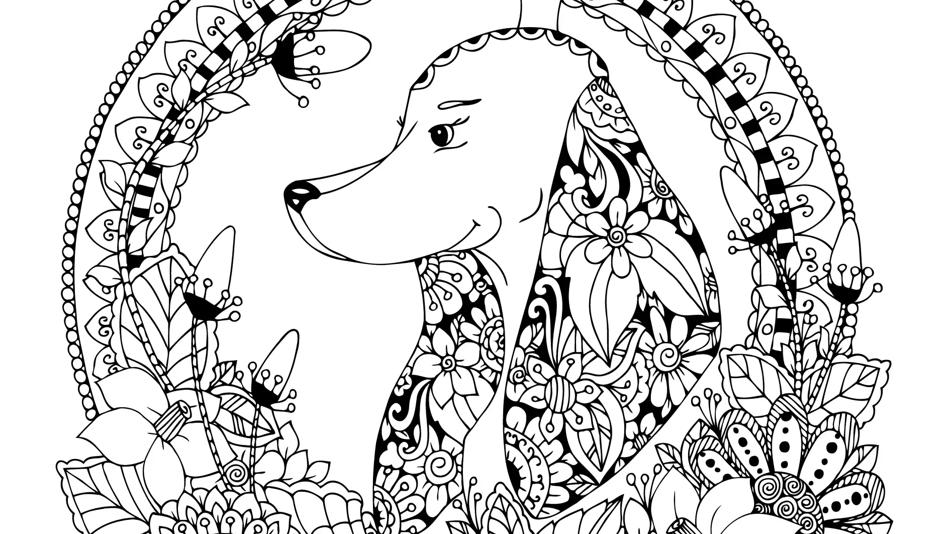 Ausmalbild Mandala mit Hund und floralen Mustern und Blättern