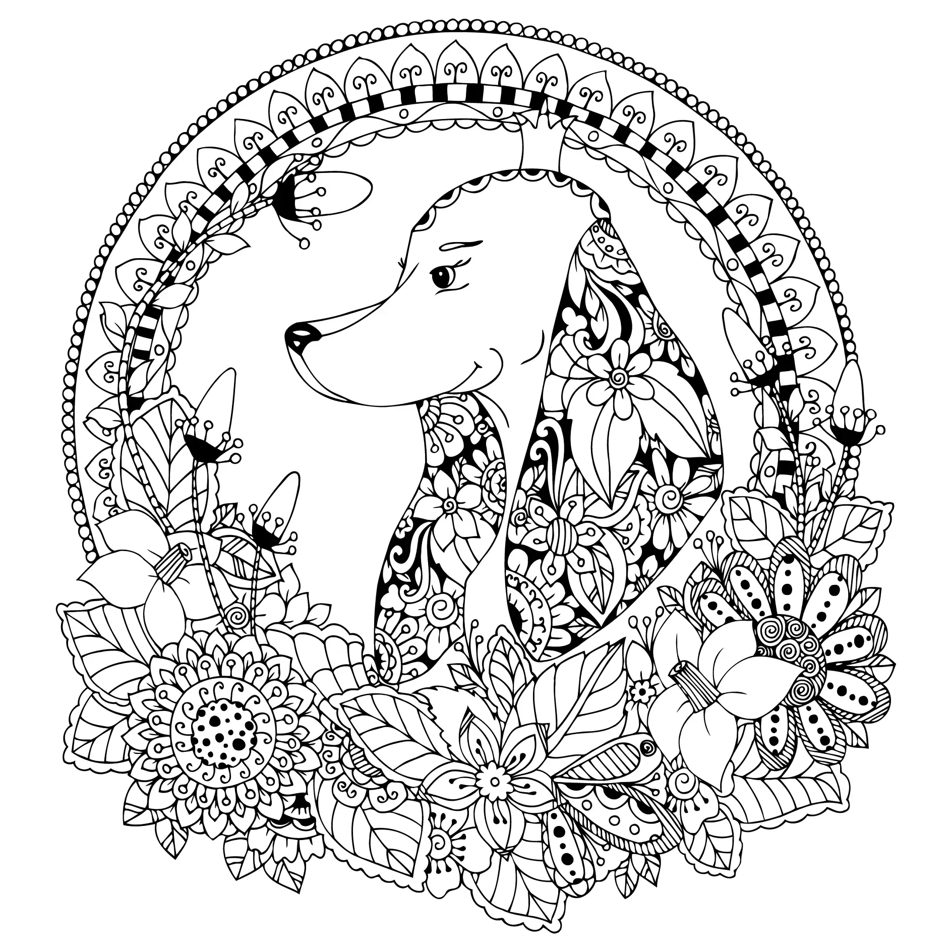 Ausmalbild Mandala mit Hund und floralen Mustern und Blättern