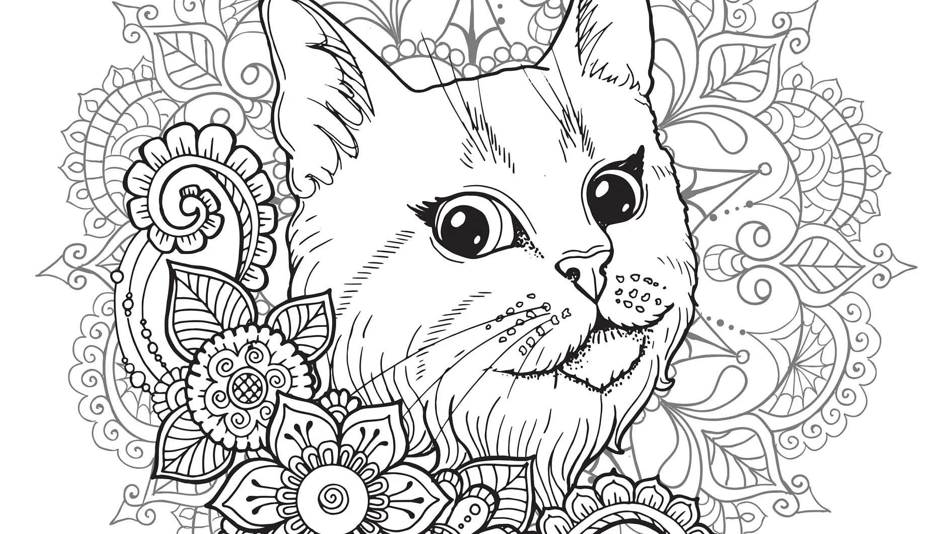 Ausmalbild Mandala mit Katze und floralen Mustern