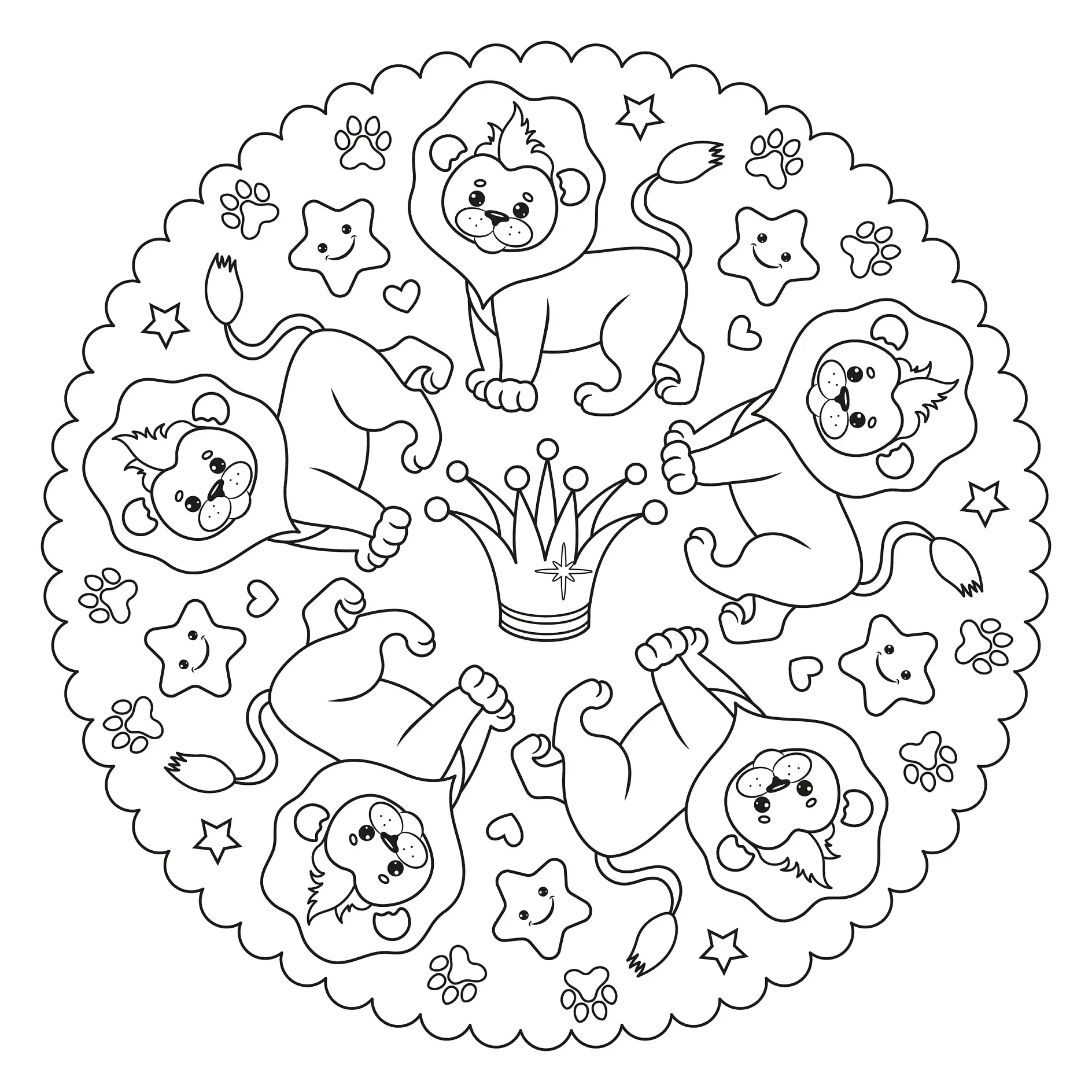 Ausmalbild Mandala mit Löwen und Krone sowie Sternen und Pfotenabdrücken