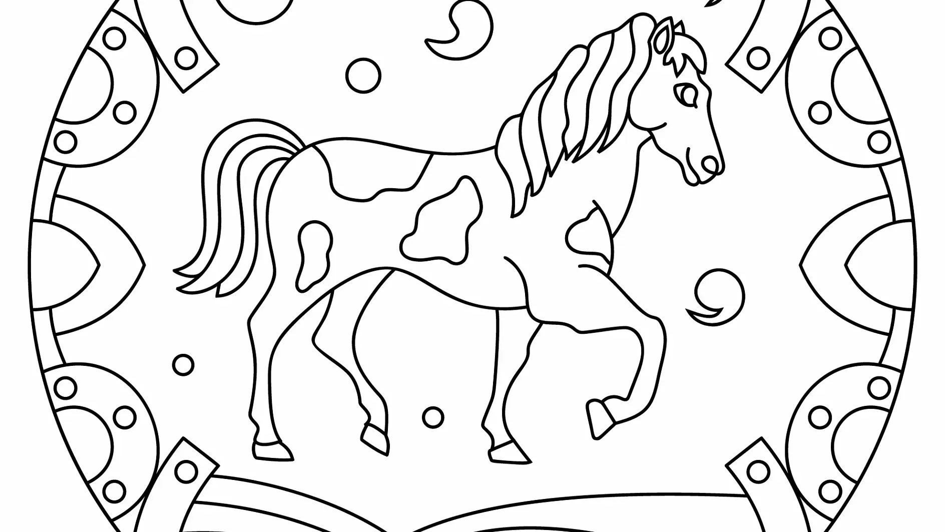 Ausmalbild Mandala mit Pferd und Hufeisenmuster