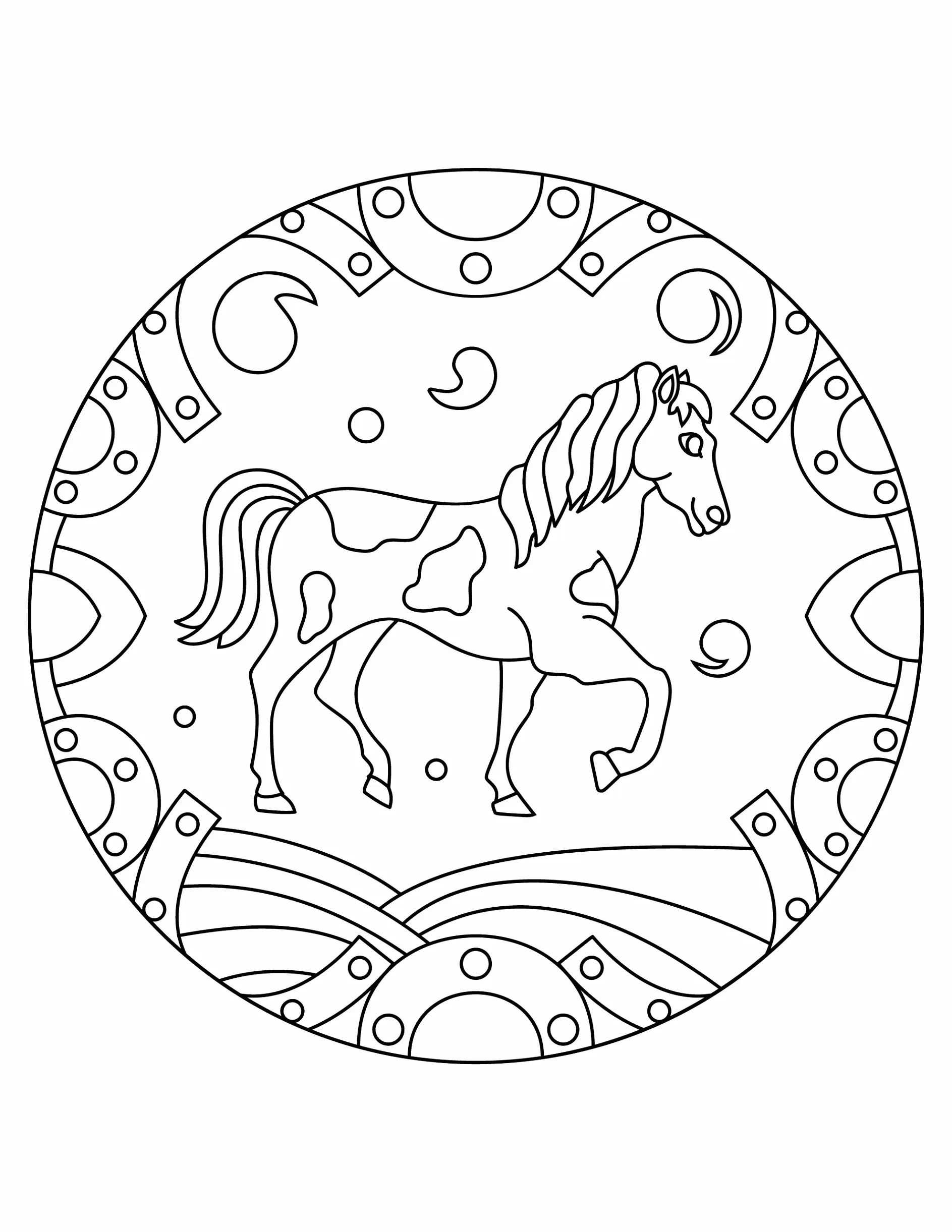 Ausmalbild Mandala mit Pferd und Hufeisenmuster