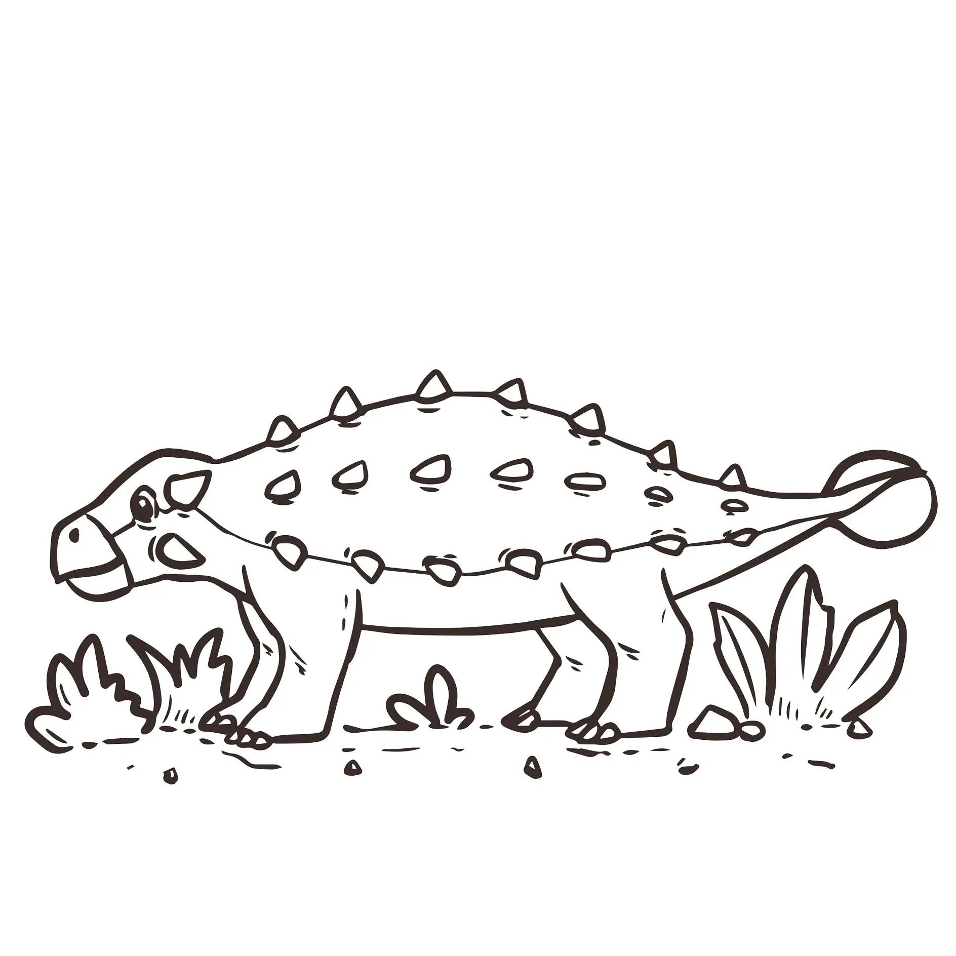 Ausmalbild Ankylosaurus zwischen Pflanzen stehend