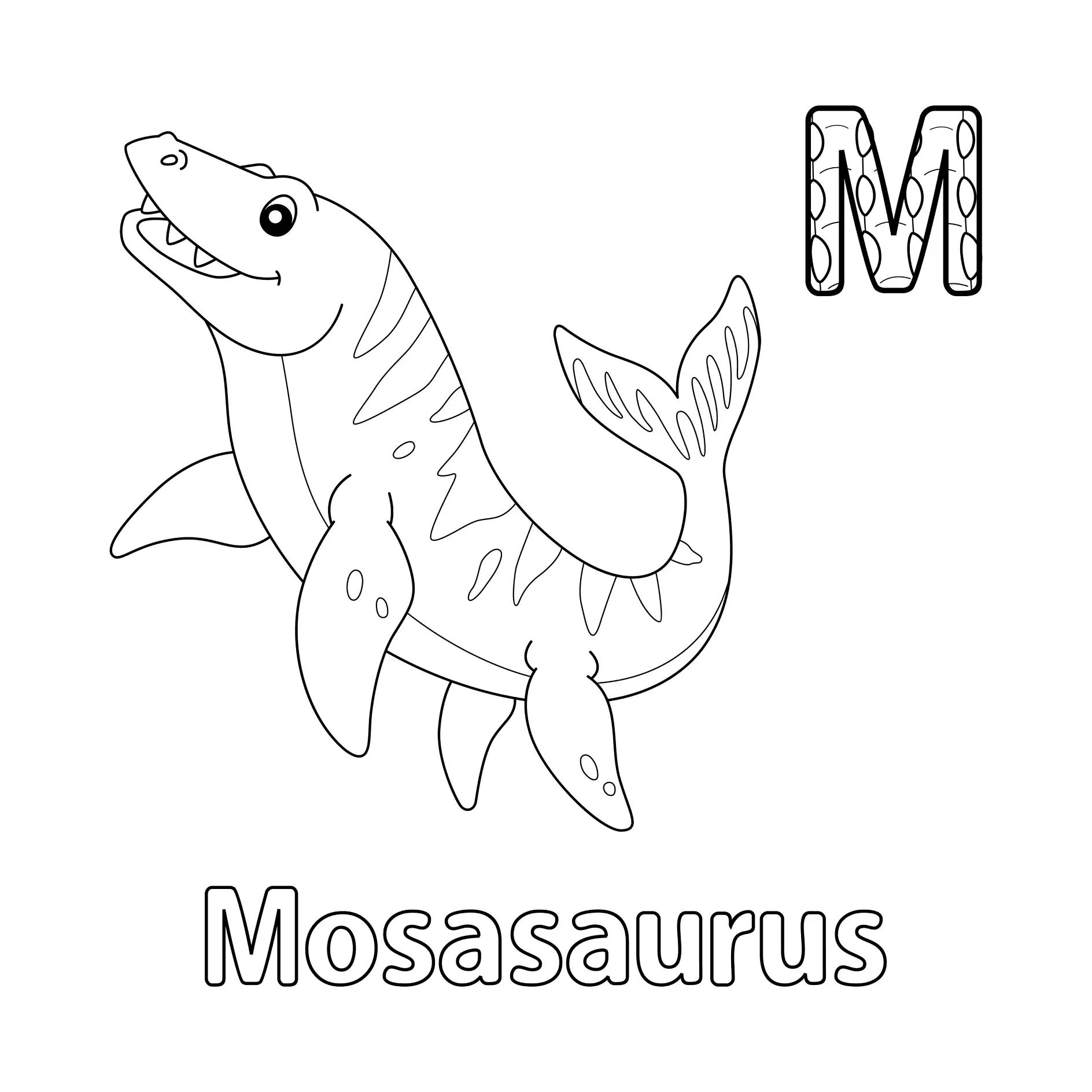 Ausmalbild Mosasaurus mit Buchstabe M