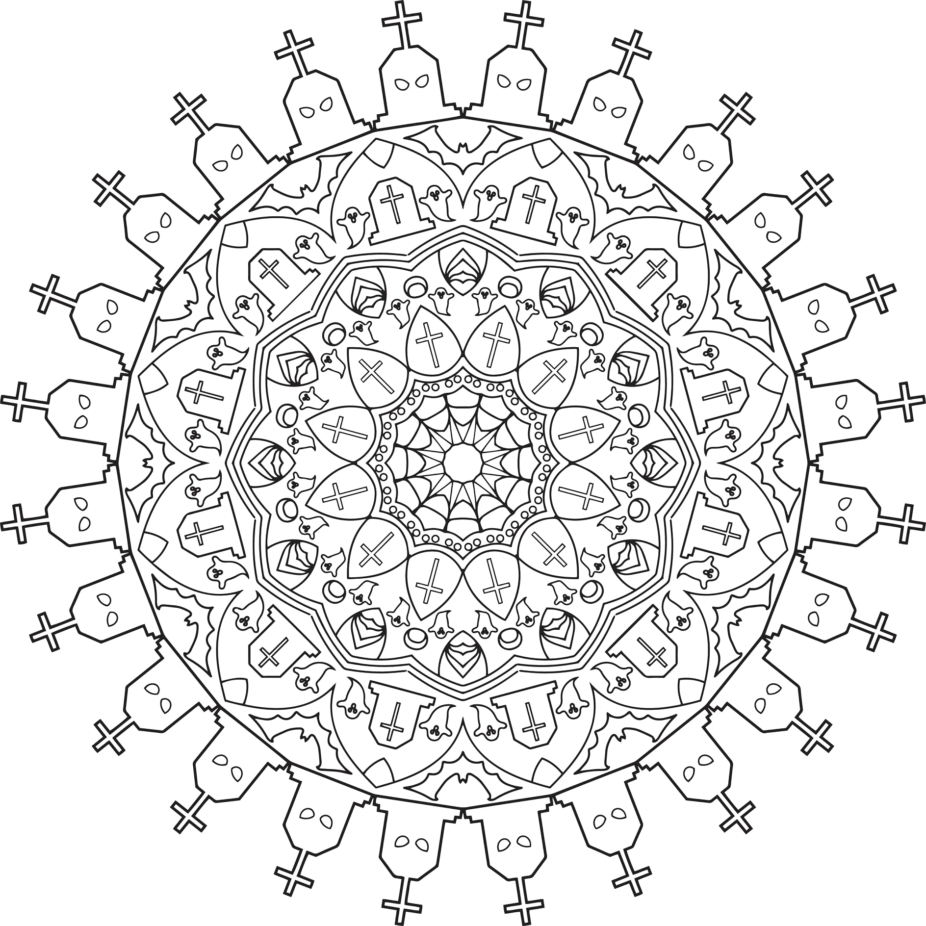 Mandala mit Geistern und Pflanzenblättern