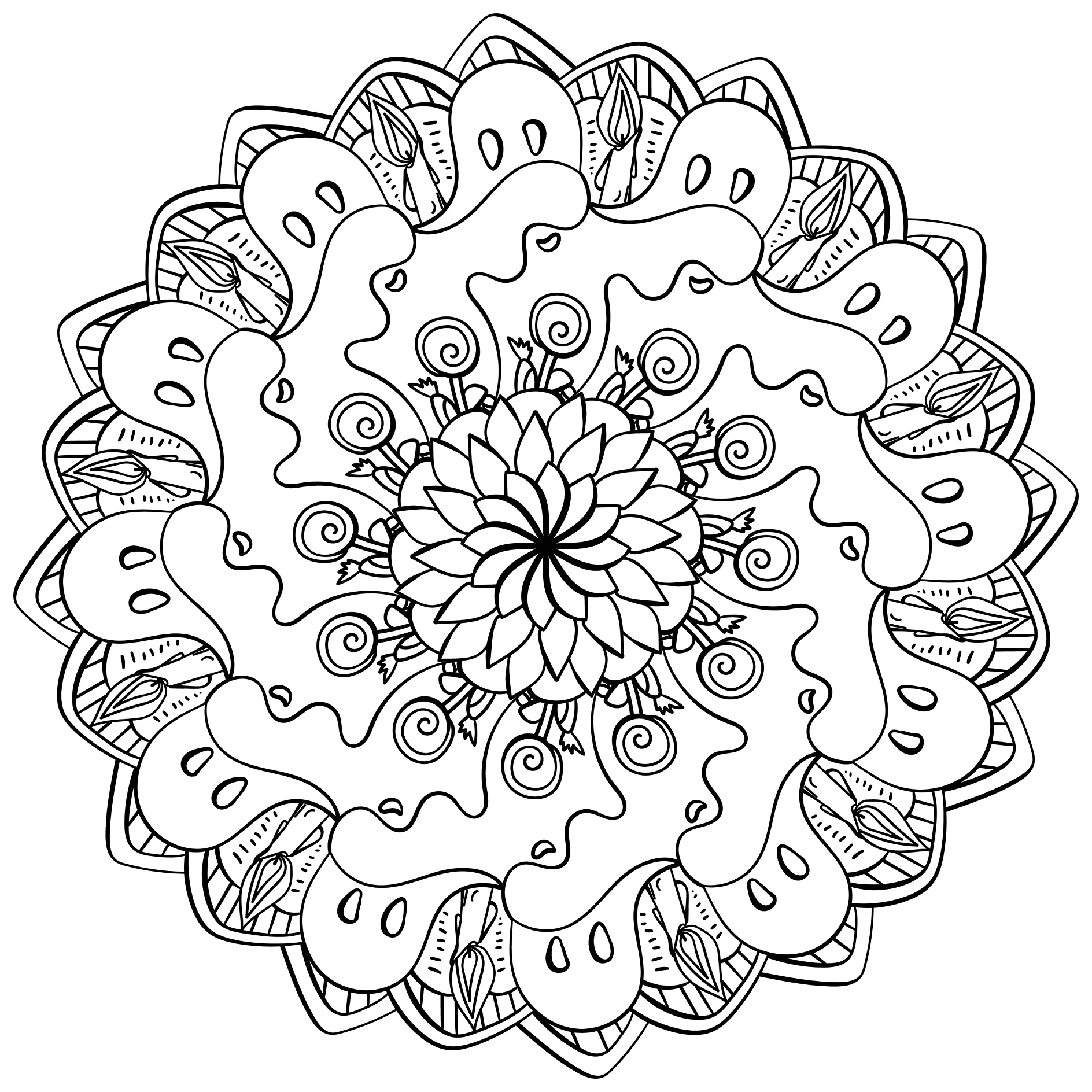 Runde Mandala mit Geisterfiguren Blumen und geometrischen Mustern