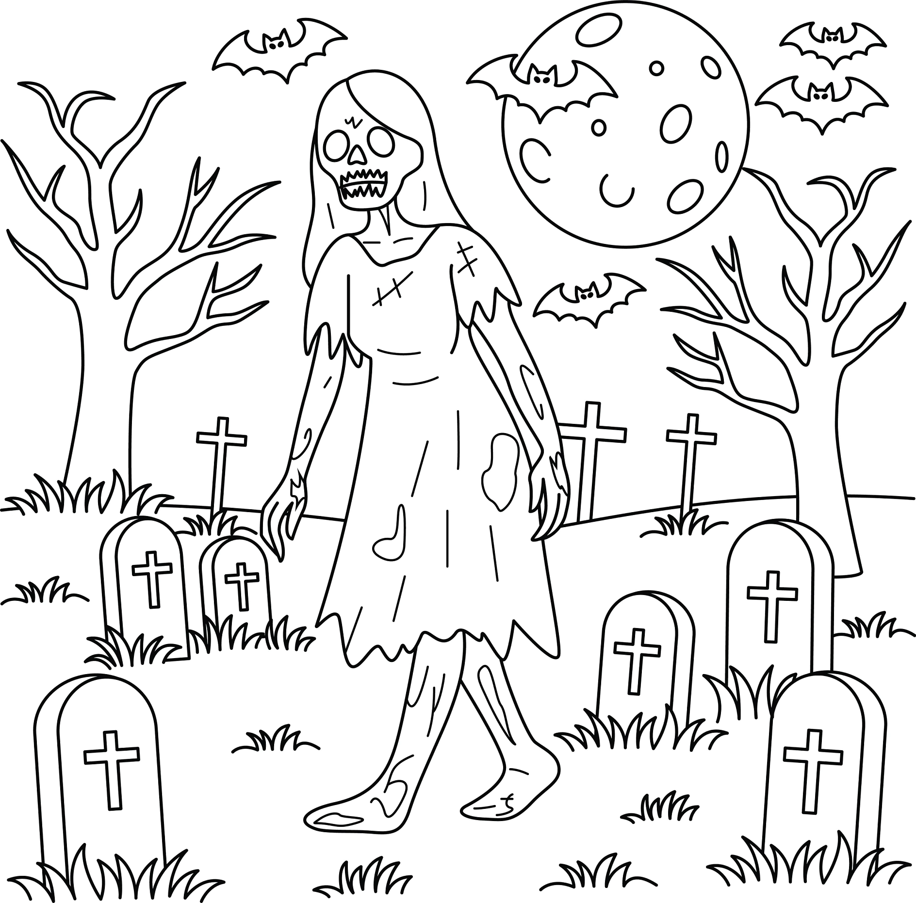 Zombie auf Friedhof mit Grabsteinen, Fledermäusen und Vollmond