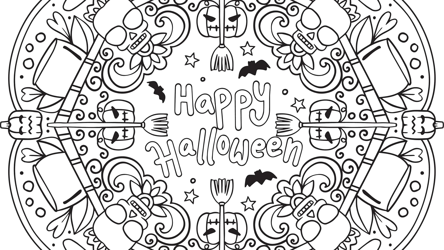 Ausmalbild Mandala „Happy Halloween“ mit Totenköpfen Kürbissen Besen Fledermäusen