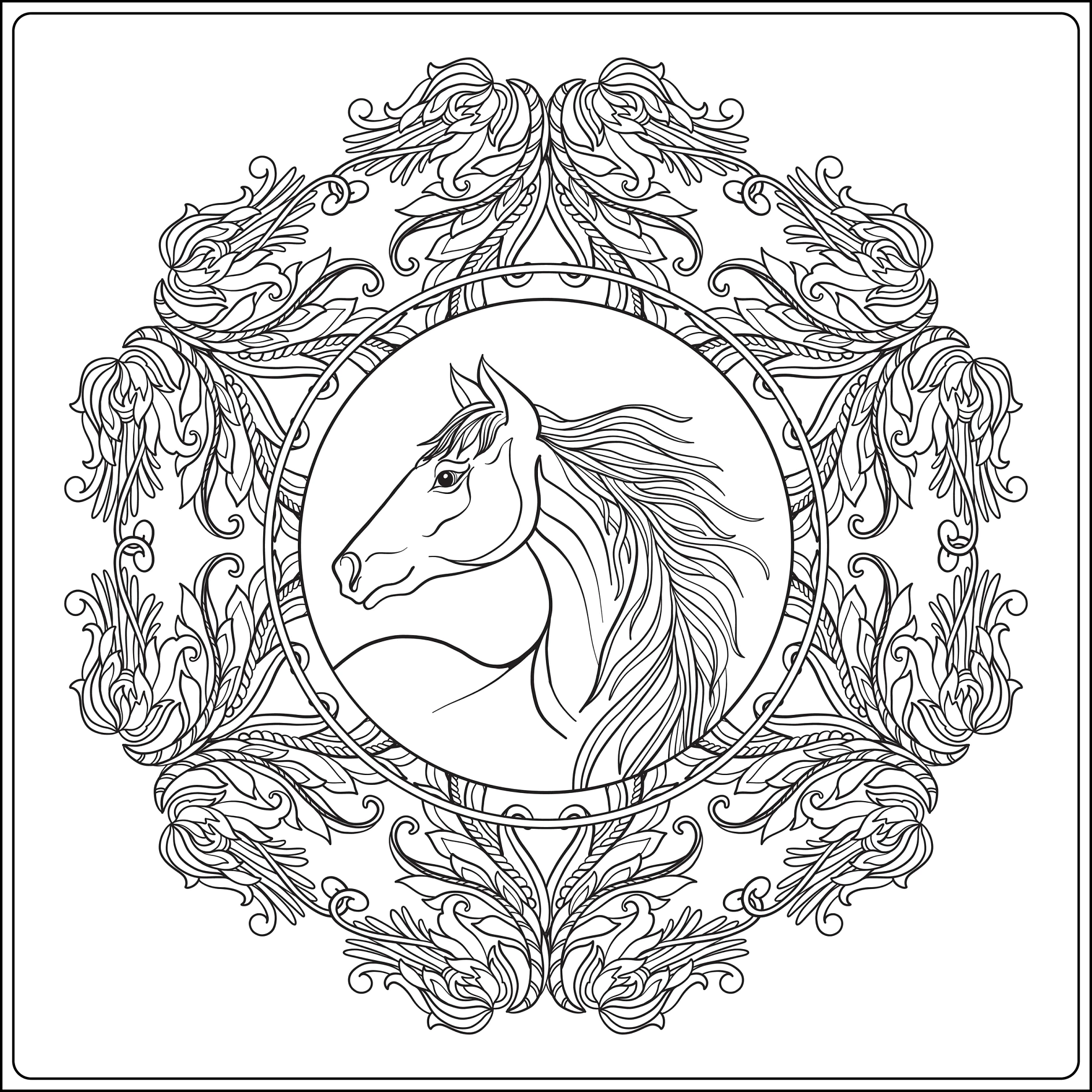 Horse in vintage decorative floral mandala frame. Vector illustration. Coloring book for adult and older children. Outline drawing coloring page.