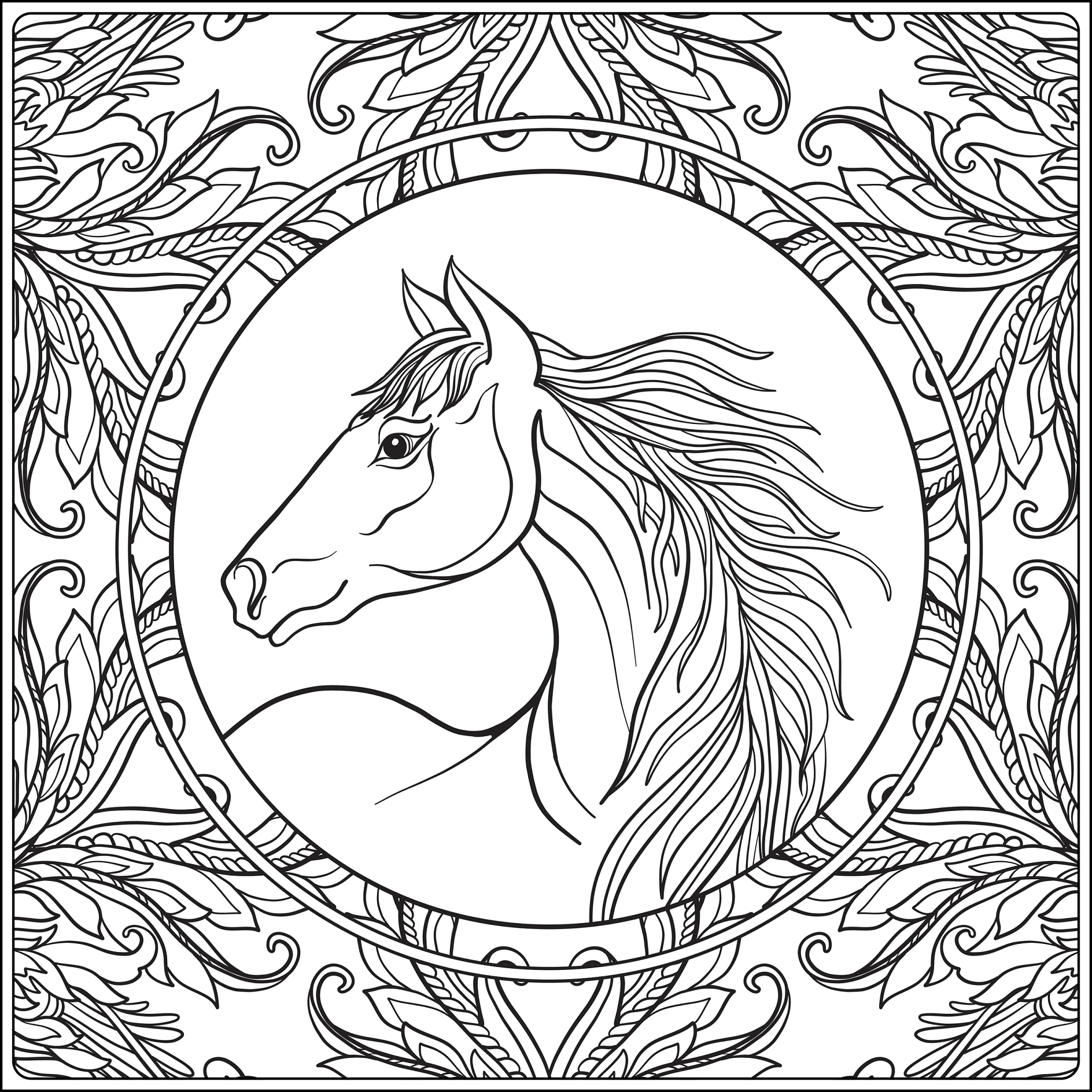 Horse in vintage decorative floral mandala frame. Vector illustration. Coloring book for adult and older children. Outline drawing coloring page.