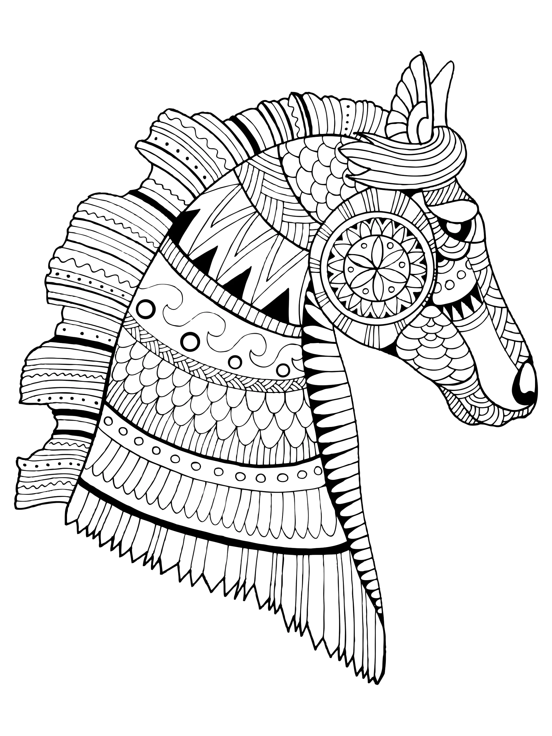 Horse coloring book vector illustration. Anti-stress coloring book for adult. Tattoo stencil. Black and white lines. Lace pattern