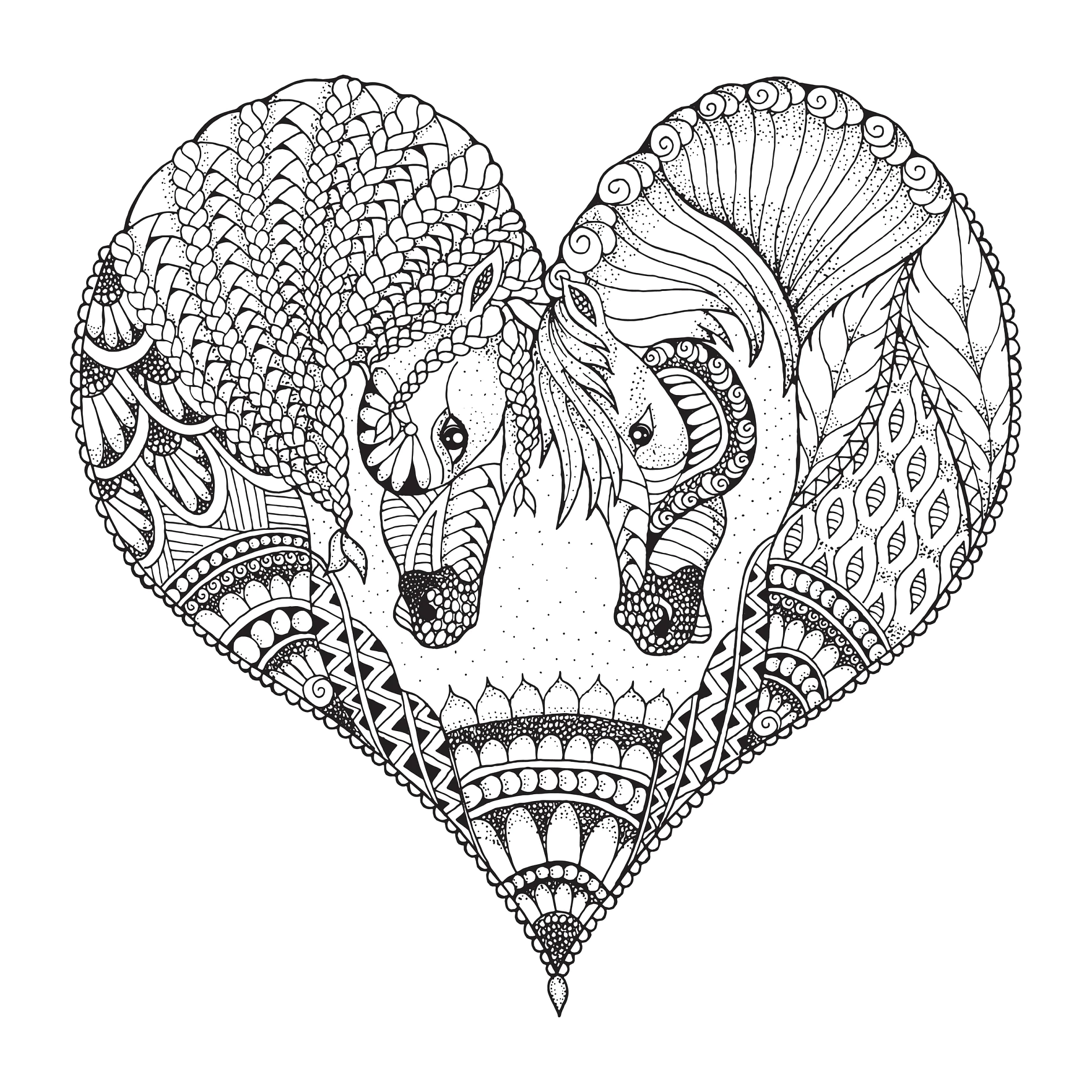 Two horses showing affection in a heart shape. Zentangle and stippled stylized vector illustration. Pattern. Black and white illustration on white background. Adult anti-stress coloring book. Print for t-shirts.