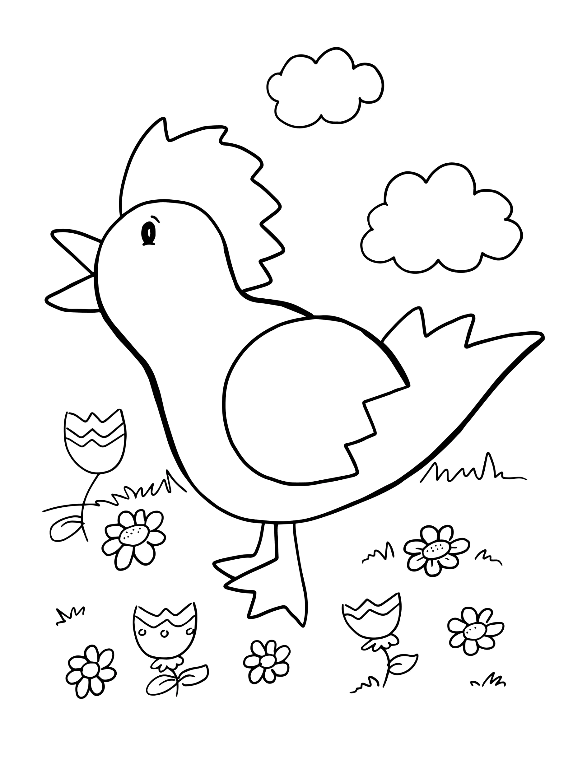 Ein Huhn steht singend zwischen Blumen und Wolken.