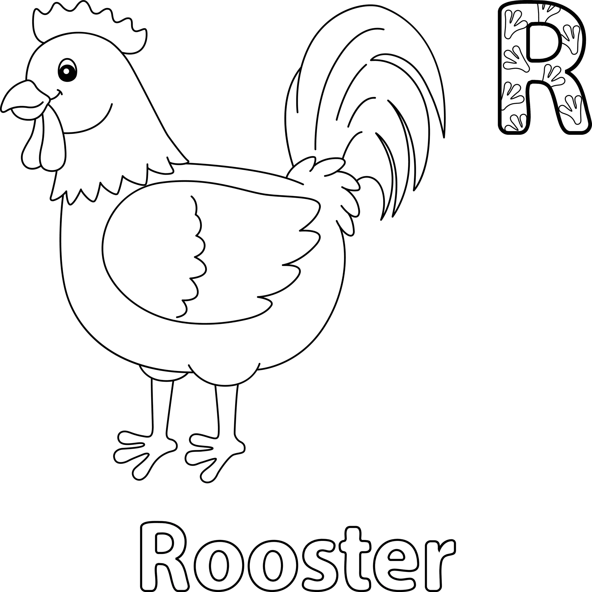 Hahn steht aufrecht, darunter das Wort „Rooster“