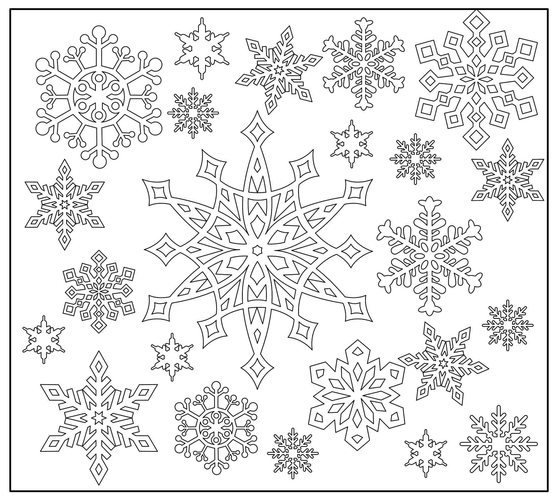 Viele verschiedene Schneeflocken in einem Quadrat