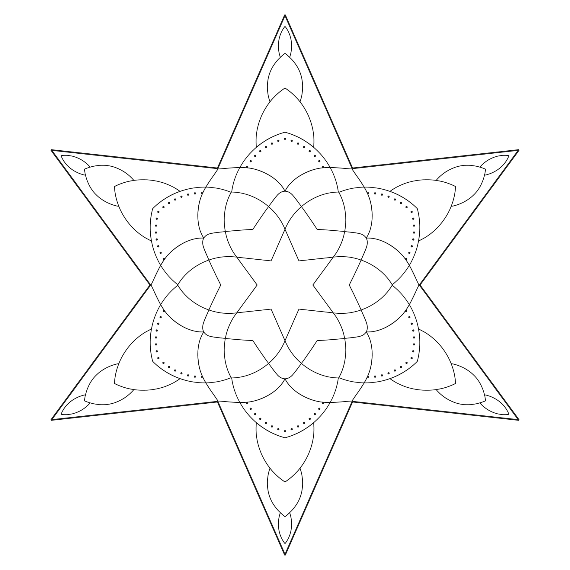 Verzierte geometrische Sternform mit geschwungenen Linien