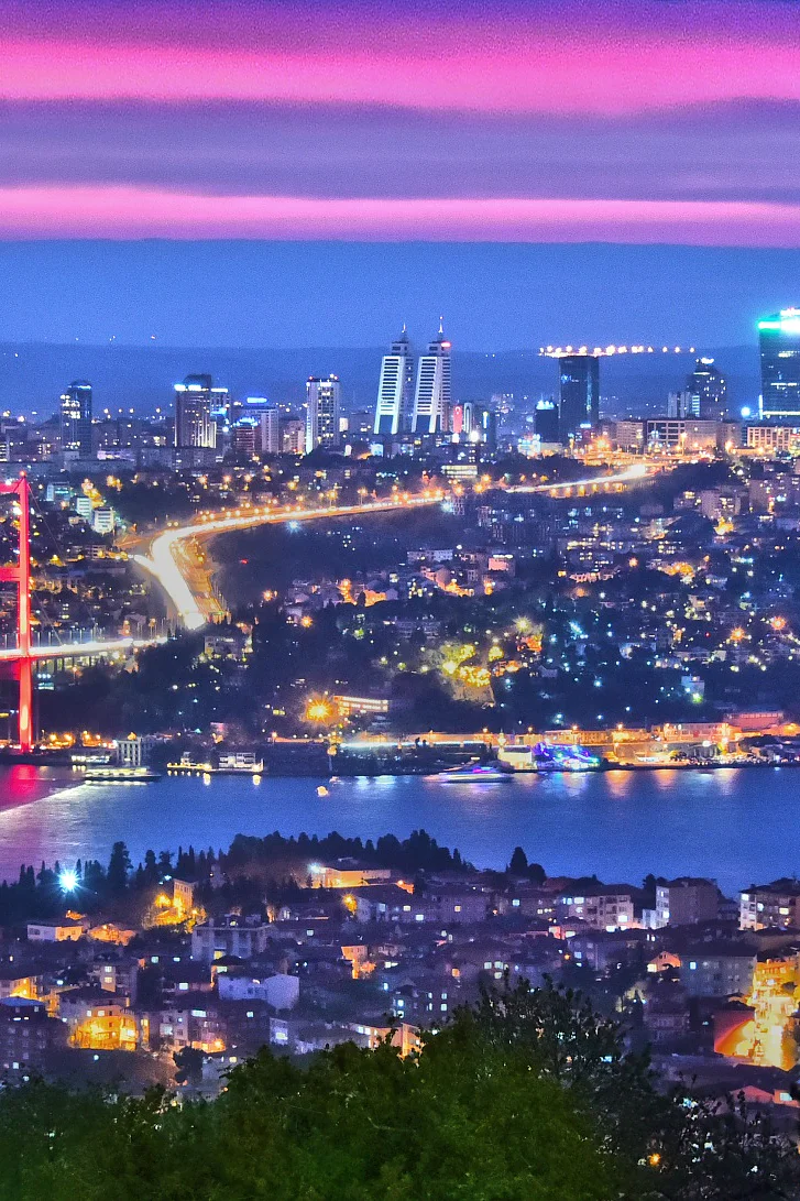 Panoramic view of Istanbul with the Bosphorus Bridge over Bosphorus strait.