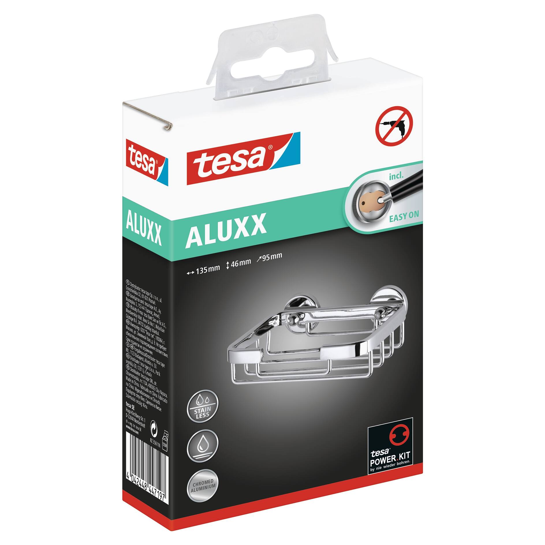 tesa® ALUXX Corner Shower Caddy, Self-Adhesive, Chromed Aluminium