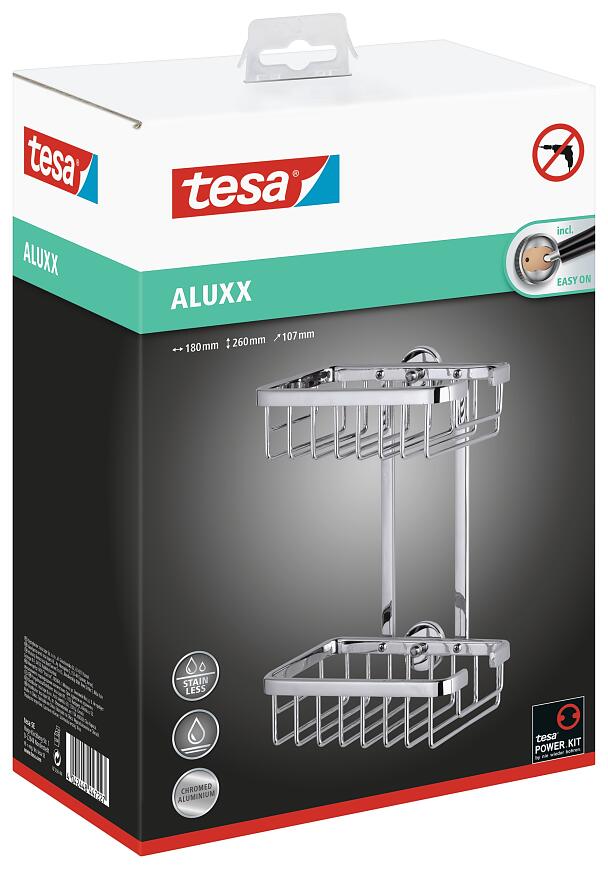 tesa® Baath Stick-On Shower Caddy, Self-Adhesive, Chromed Metal - tesa