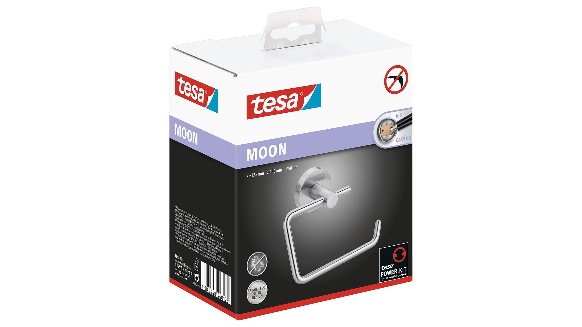 tesa® MOON Toilet Paper Holder, Self-Adhesive, Stainless-Steel - tesa