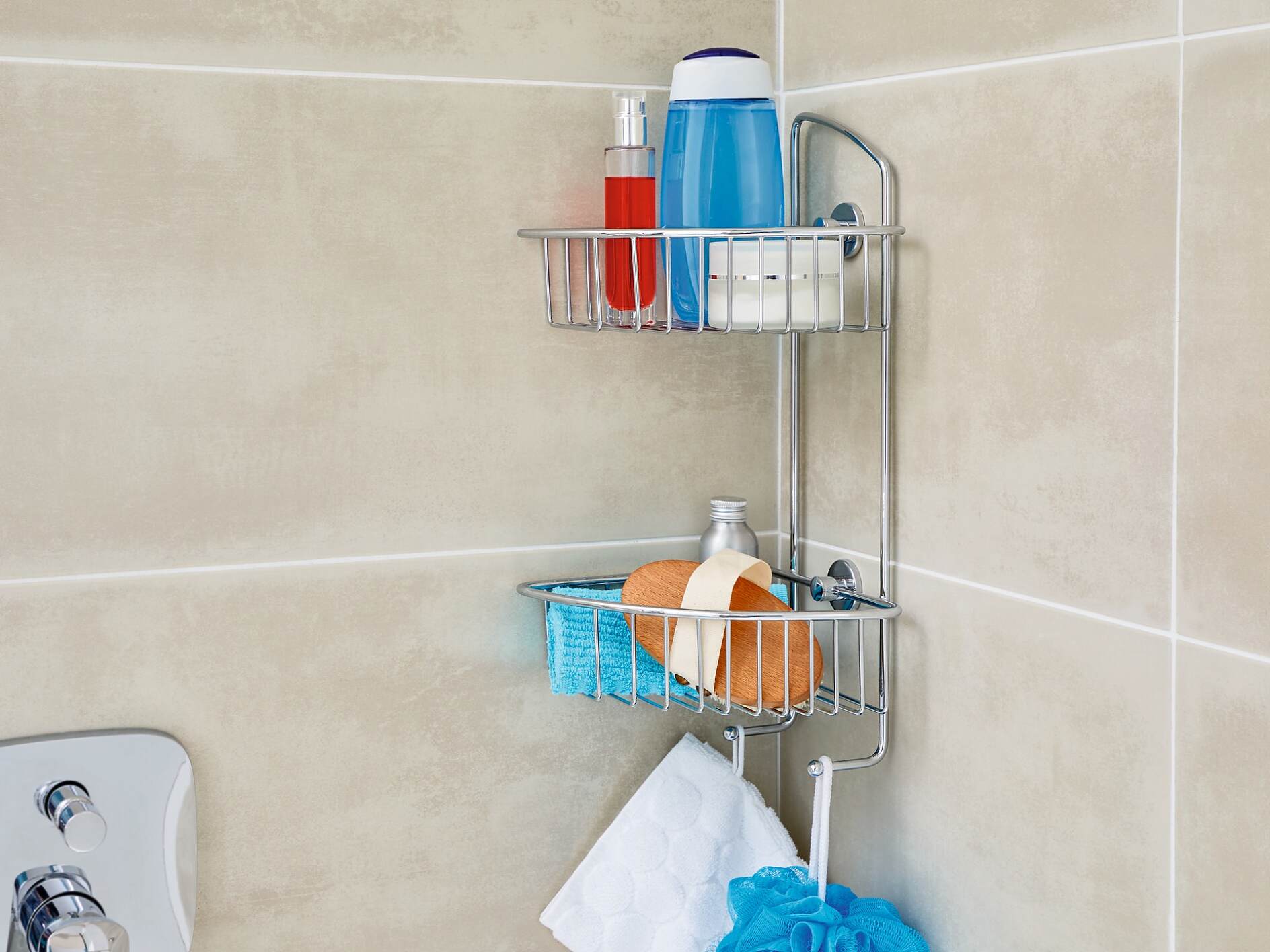 Self Adhesive Wall Mount Shower Corner Shelf with Hooks Bathroom