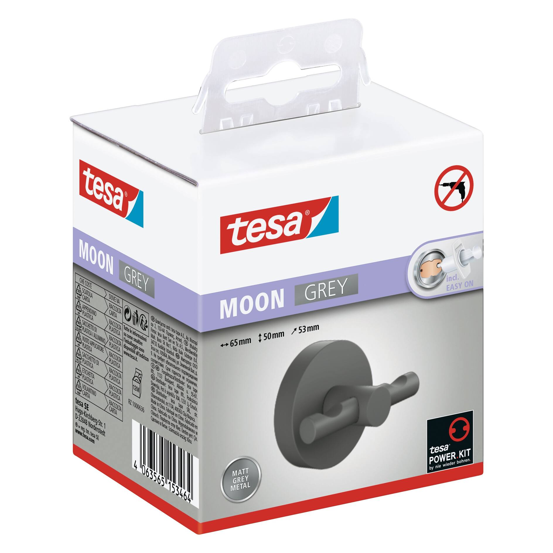 tesa® MOON Grey Tumbler Holder, Self-Adhesive, Powder Coated Metal - tesa